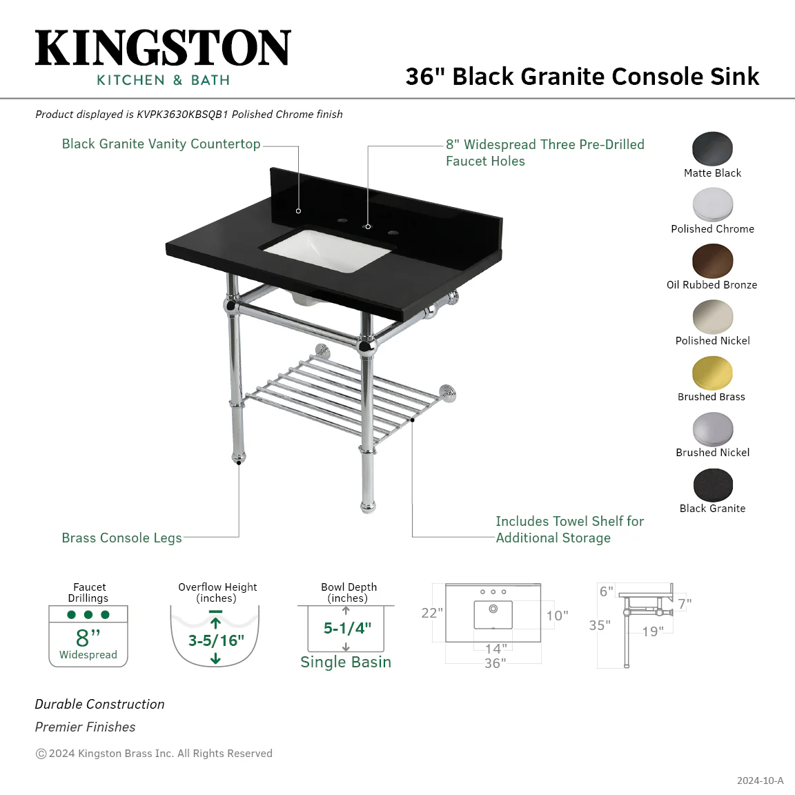 Kingston Heirloom KVPK3630KBSQB6 - Templeton 36-Inch Black Granite Console Sink with Brass Legs and Shelf (8-Inch, 3-Hole), Black Granite/Polished Nickel - Image 2