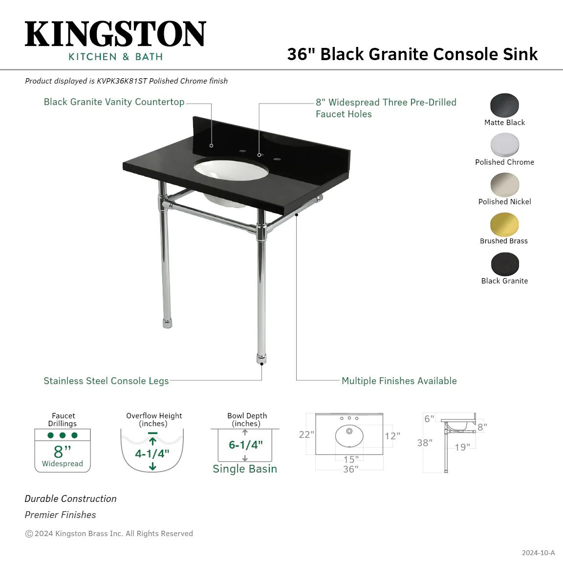 Kingston Tulare KVPK36K81ST - Dreyfuss 36-Inch Black Granite Console Sink with Stainless Steel Legs (8-Inch, 3-Hole), Black Granite/Polished Chrome - Image 2