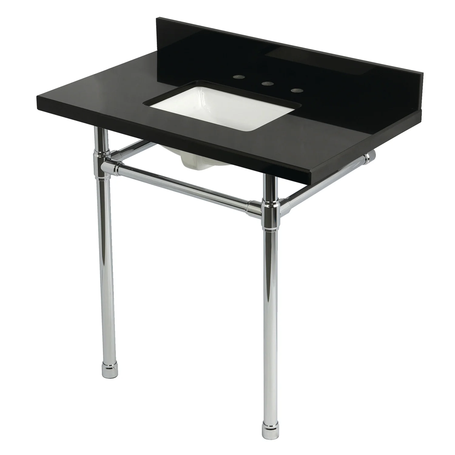 Kingston Tulare KVPK36K8SQ1ST - Dreyfuss 36-Inch Black Granite Console Sink with Stainless Steel Legs (8-Inch, 3-Hole), Black Granite/Polished Chrome