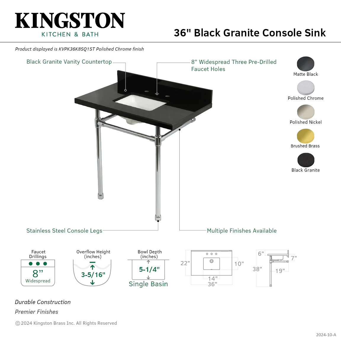 Kingston Tulare KVPK36K8SQ6ST - Dreyfuss 36-Inch Black Granite Console Sink with Stainless Steel Legs (8-Inch, 3-Hole), Black Granite/Polished Nickel - Image 2