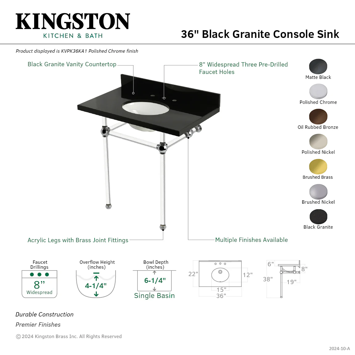Kingston Tulare KVPK36KA8 - Templeton 36-Inch Black Granite Console Sink with Acrylic Legs (8-Inch, 3-Hole), Black Granite/Brushed Nickel - Image 2
