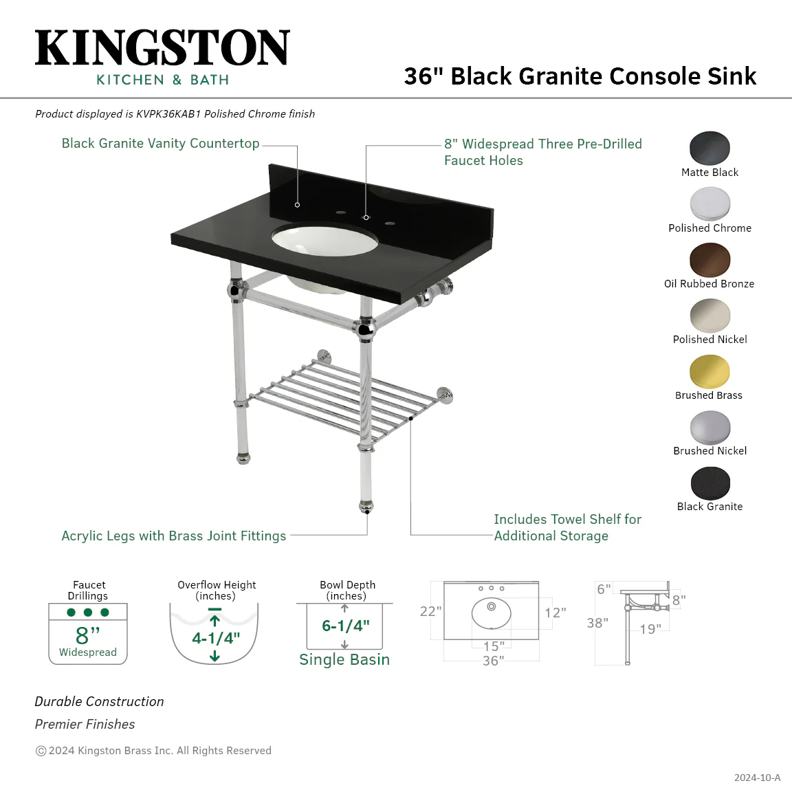 Kingston Tulare KVPK36KAB0 - Templeton 36-Inch Black Granite Console Sink with Acrylic Legs and Shelf (8-Inch, 3-Hole), Black Granite/Matte Black - Image 3