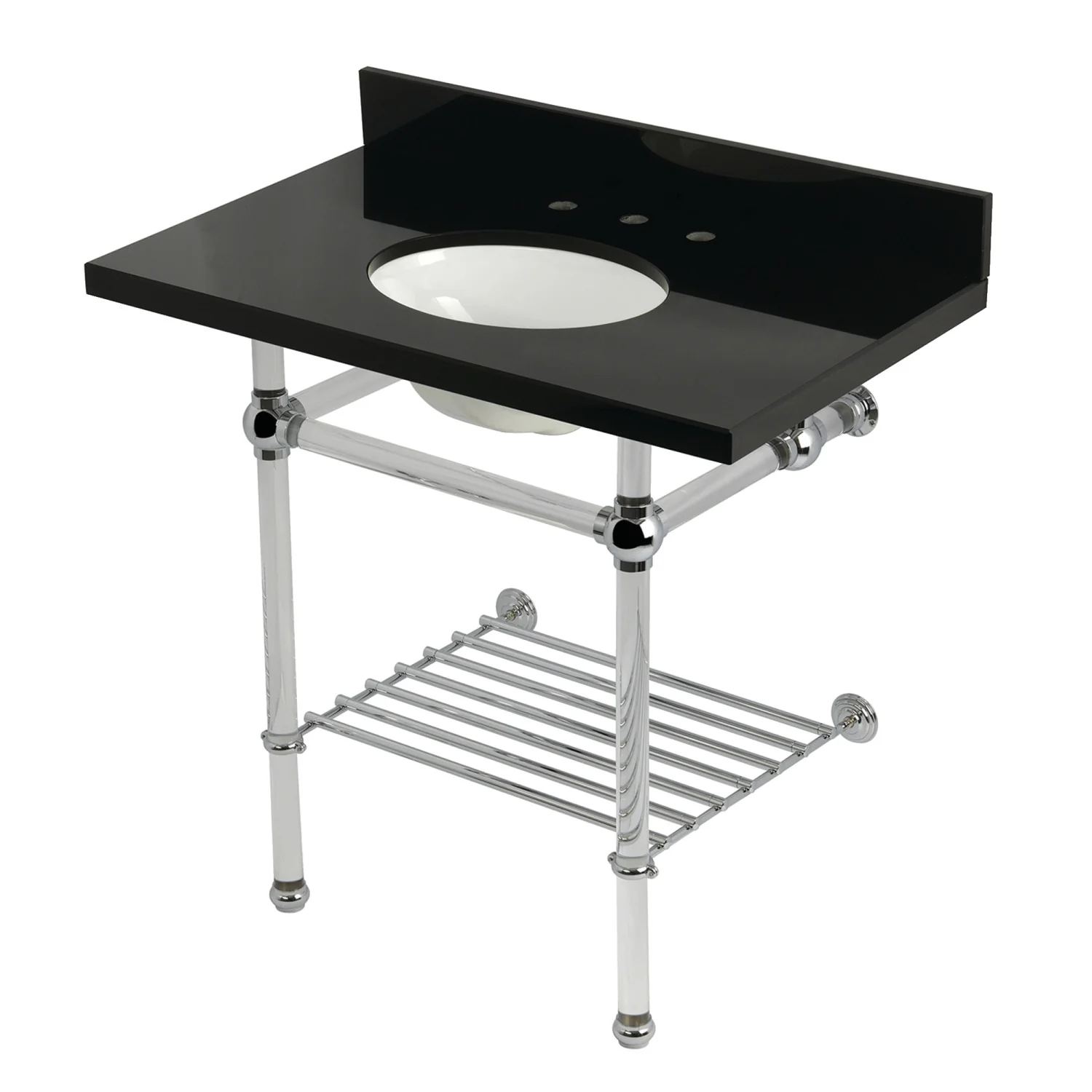 Kingston Tulare KVPK36KAB1 - Templeton 36-Inch Black Granite Console Sink with Acrylic Legs and Shelf (8-Inch, 3-Hole), Black Granite/Polished Chrome - Image 2