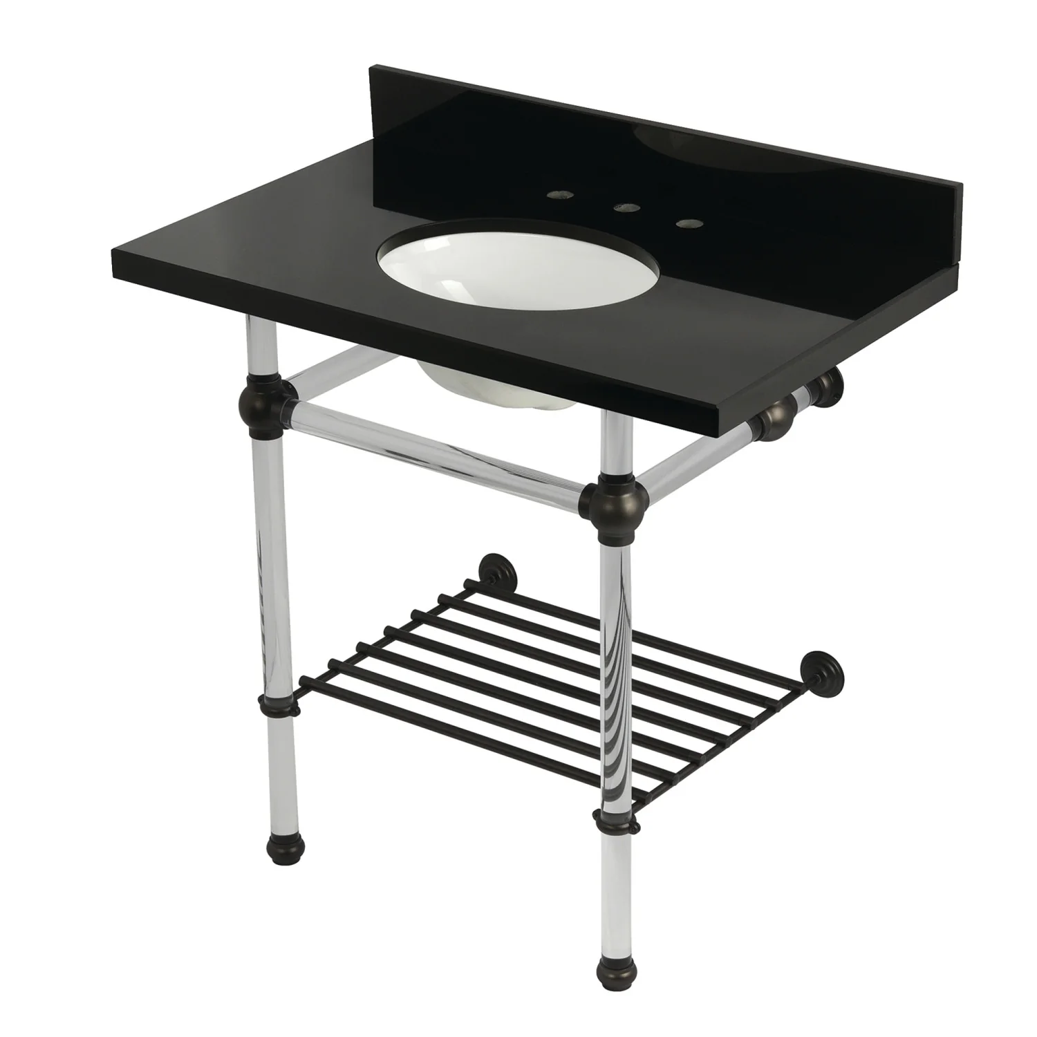 Kingston Tulare KVPK36KAB5 - Templeton 36-Inch Black Granite Console Sink with Acrylic Legs and Shelf (8-Inch, 3-Hole), Black Granite/Oil Rubbed Bronze - Image 2