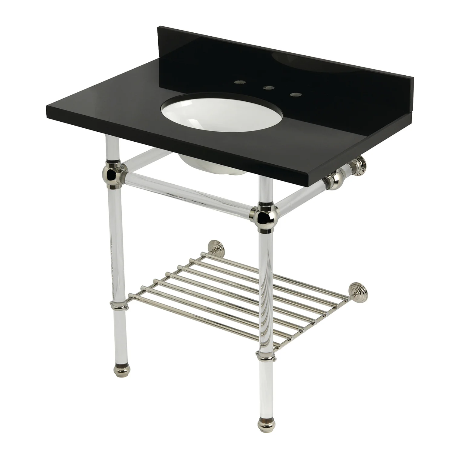 Kingston Tulare KVPK36KAB6 - Templeton 36-Inch Black Granite Console Sink with Acrylic Legs and Shelf (8-Inch, 3-Hole), Black Granite/Polished Nickel - Image 2