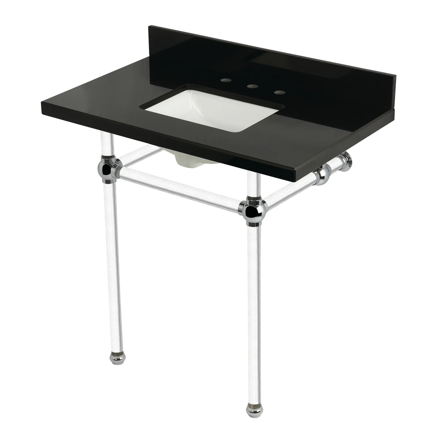 Kingston Tulare KVPK36KASQ1 - Templeton 36-Inch Black Granite Console Sink with Acrylic Legs (8-Inch, 3-Hole), Black Granite/Polished Chrome