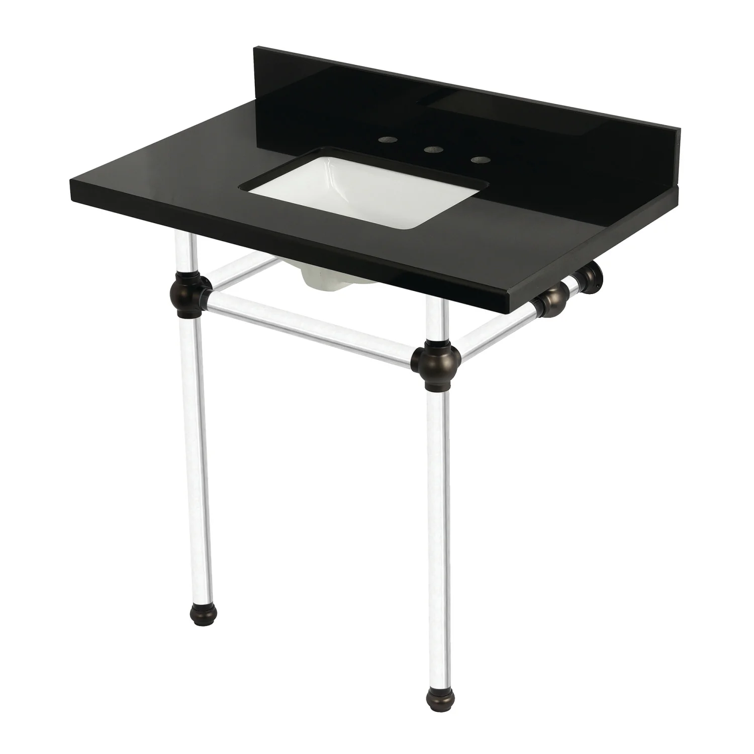 Kingston Tulare KVPK36KASQ5 - Templeton 36-Inch Black Granite Console Sink with Acrylic Legs (8-Inch, 3-Hole), Black Granite/Oil Rubbed Bronze