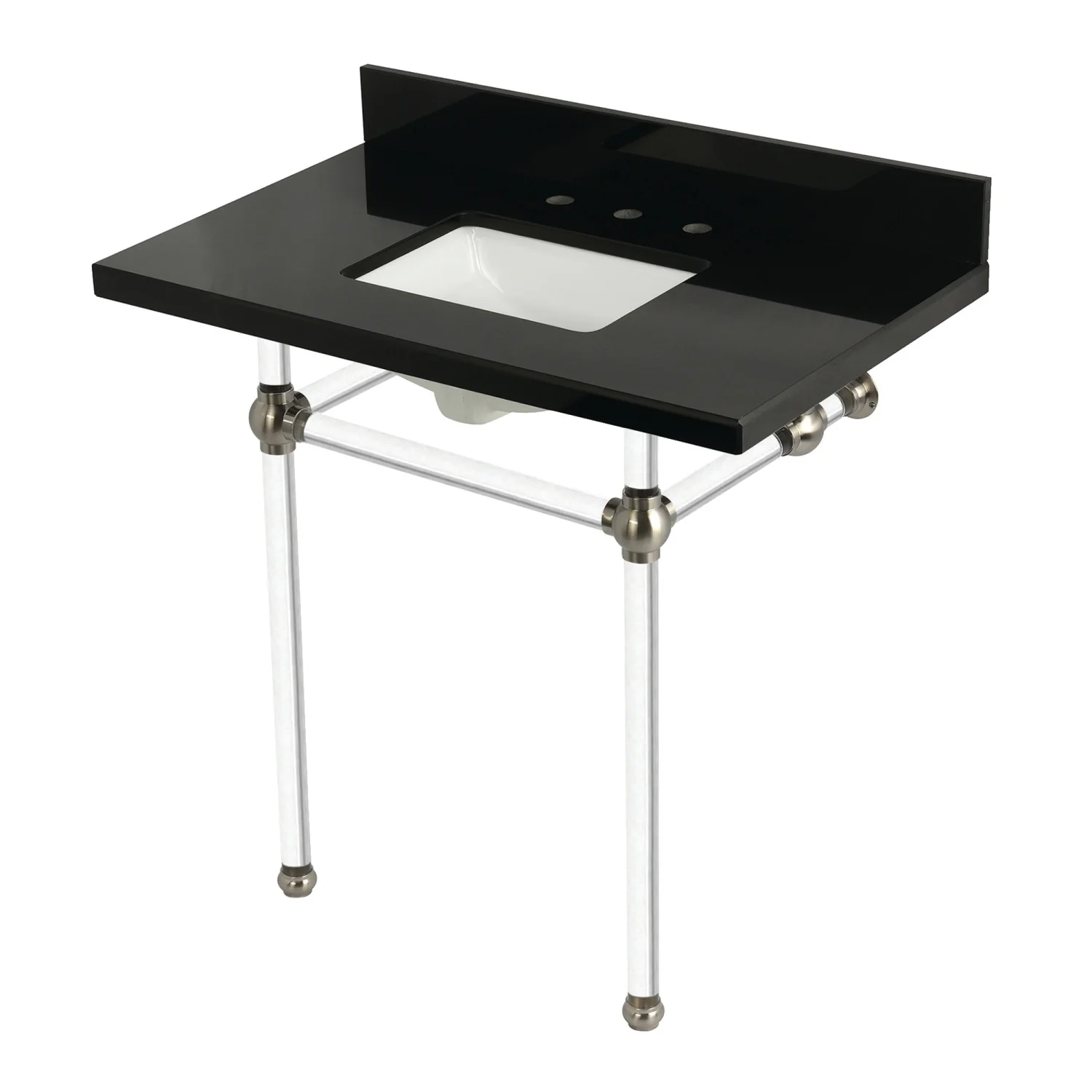 Kingston Tulare KVPK36KASQ8 - Templeton 36-Inch Black Granite Console Sink with Acrylic Legs (8-Inch, 3-Hole), Black Granite/Brushed Nickel