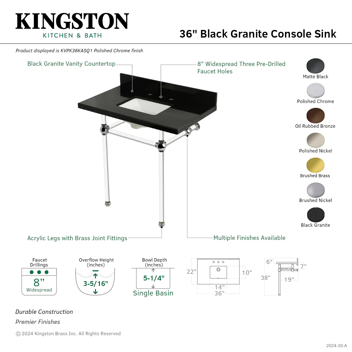 Kingston Tulare KVPK36KASQ8 - Templeton 36-Inch Black Granite Console Sink with Acrylic Legs (8-Inch, 3-Hole), Black Granite/Brushed Nickel - Image 2