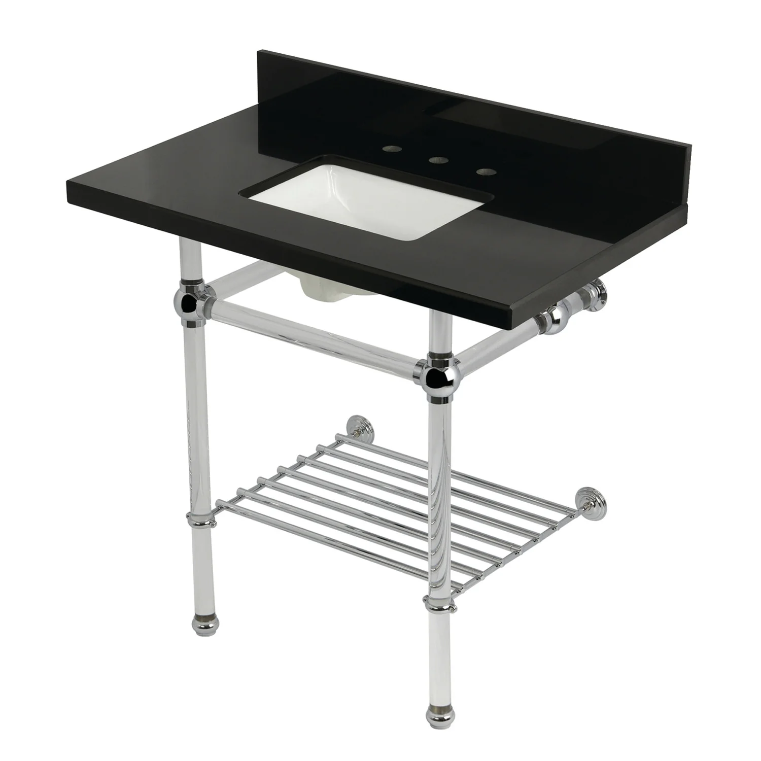 Kingston Tulare KVPK36KASQB1 - Templeton 36-Inch Black Granite Console Sink with Acrylic Legs and Shelf (8-Inch, 3-Hole), Black Granite/Polished Chrome