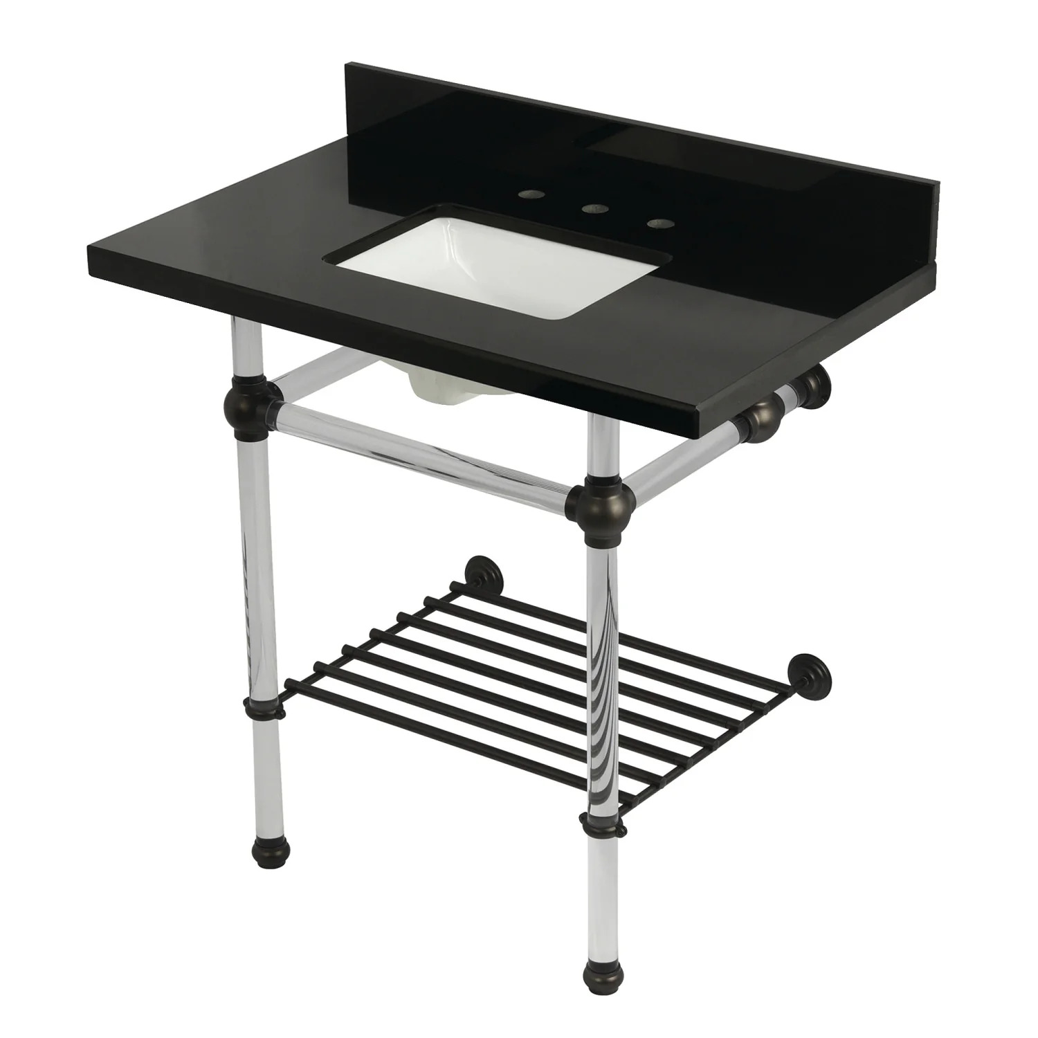 Kingston Tulare KVPK36KASQB5 - Templeton 36-Inch Black Granite Console Sink with Acrylic Legs and Shelf (8-Inch, 3-Hole), Black Granite/Oil Rubbed Bronze
