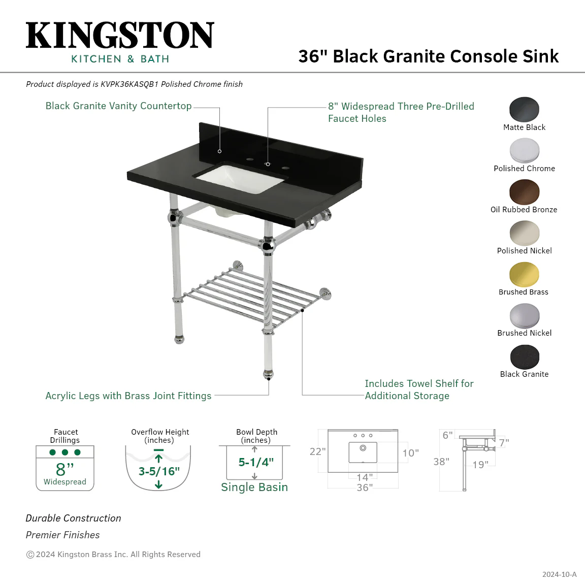 Kingston Tulare KVPK36KASQB5 - Templeton 36-Inch Black Granite Console Sink with Acrylic Legs and Shelf (8-Inch, 3-Hole), Black Granite/Oil Rubbed Bronze - Image 2