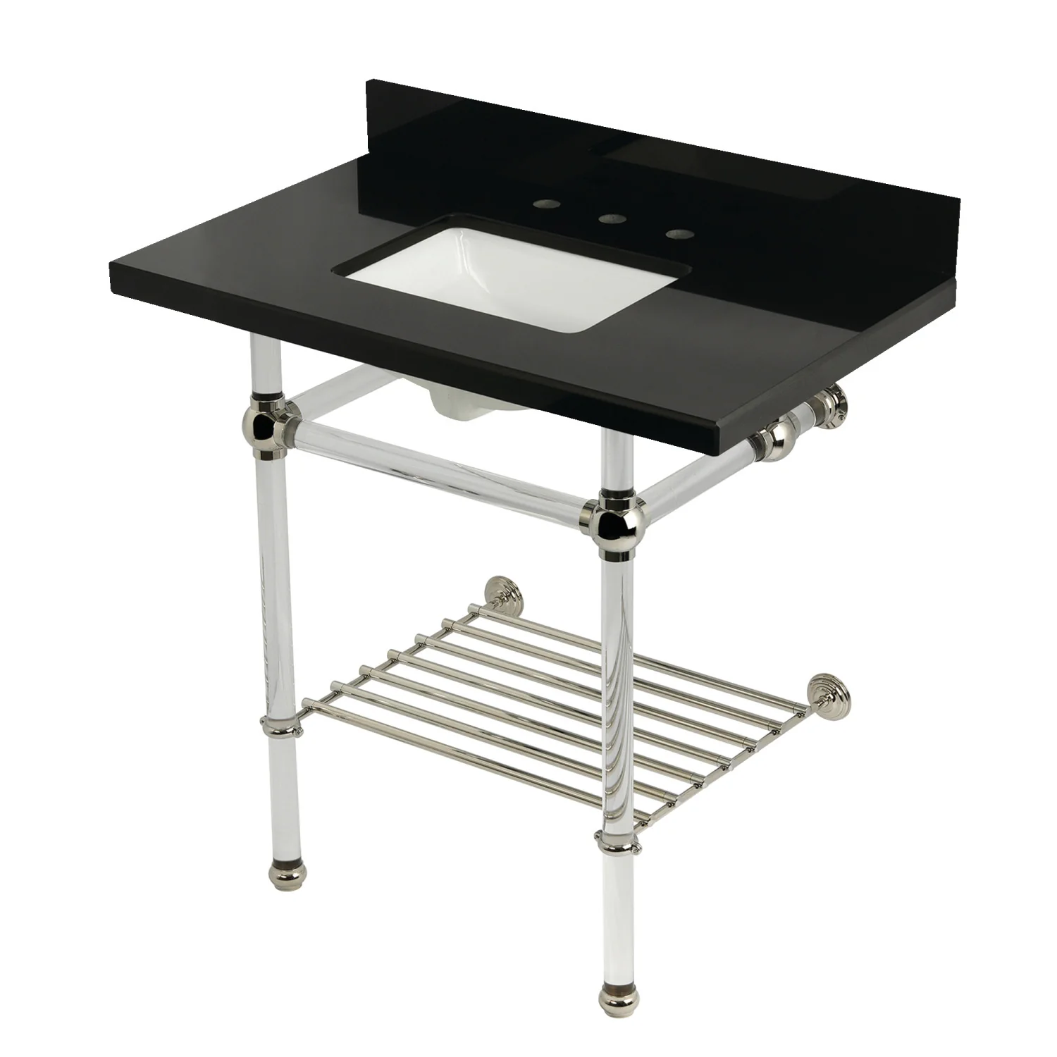 Kingston Tulare KVPK36KASQB6 - Templeton 36-Inch Black Granite Console Sink with Acrylic Legs and Shelf (8-Inch, 3-Hole), Black Granite/Polished Nickel