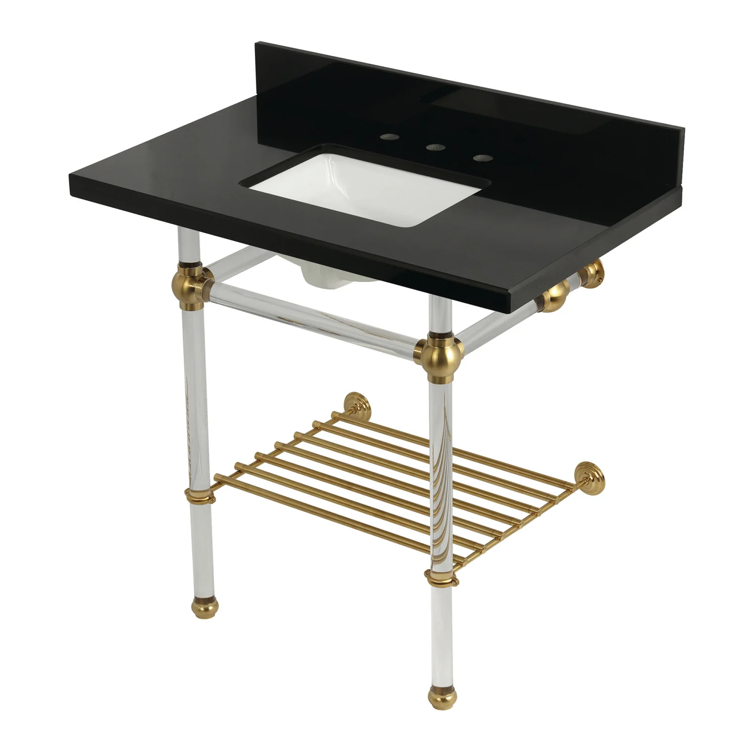 Kingston Tulare KVPK36KASQB7 - Templeton 36-Inch Black Granite Console Sink with Acrylic Legs and Shelf (8-Inch, 3-Hole), Black Granite/Brushed Brass