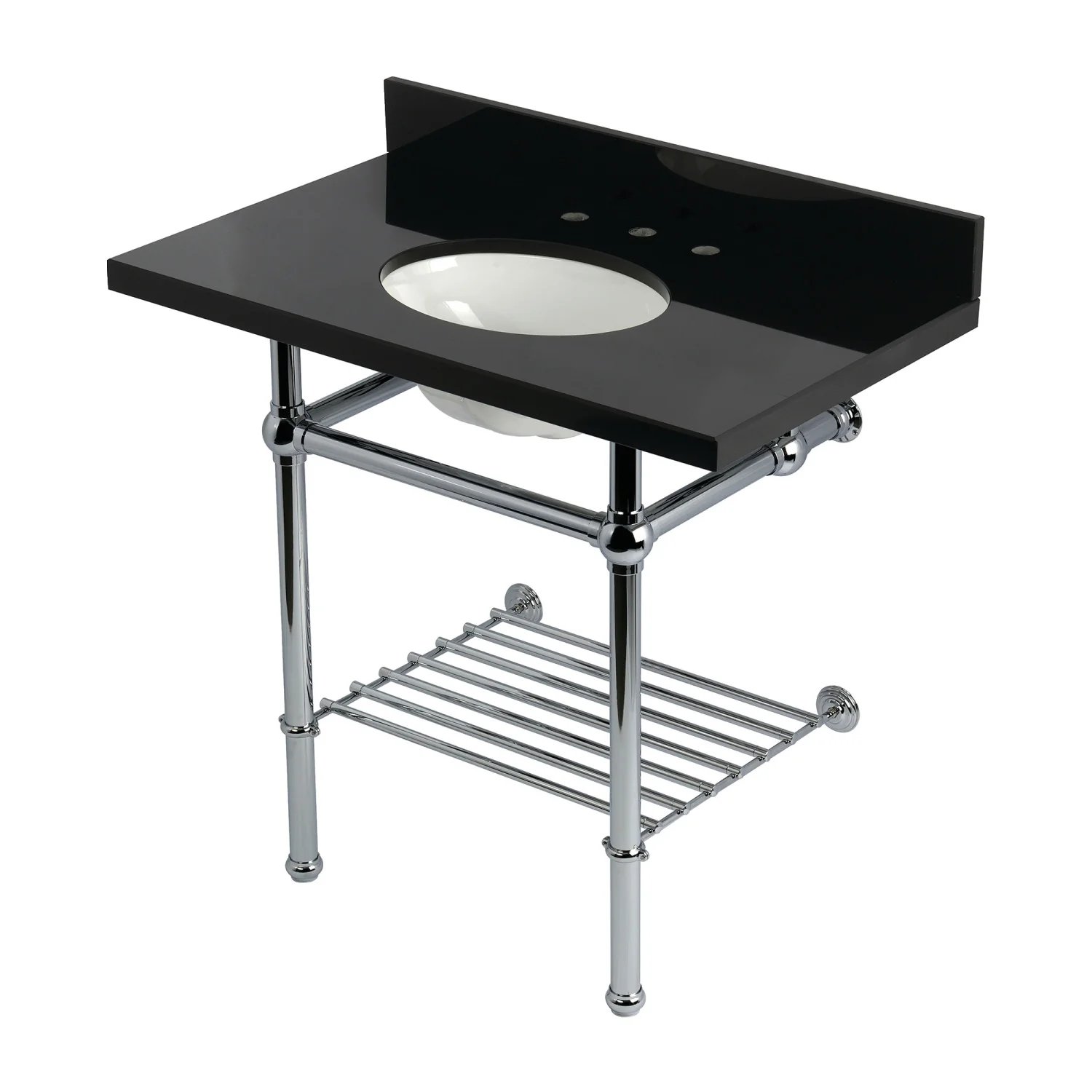 Kingston Heirloom KVPK36KBB1 - Templeton 36-Inch Black Granite Console Sink with Brass Legs and Shelf (8-Inch, 3-Hole), Black Granite/Polished Chrome