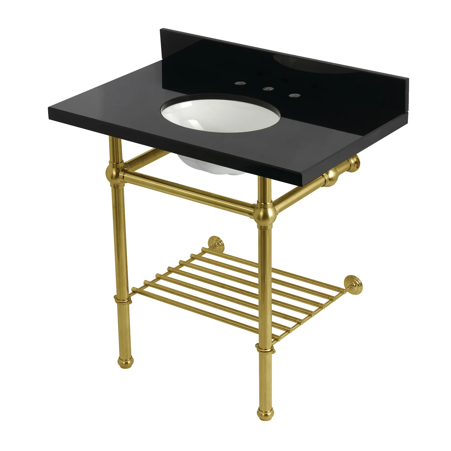 Kingston Heirloom KVPK36KBB7 - Templeton 36-Inch Black Granite Console Sink with Brass Legs and Shelf (8-Inch, 3-Hole), Black Granite/Brushed Brass