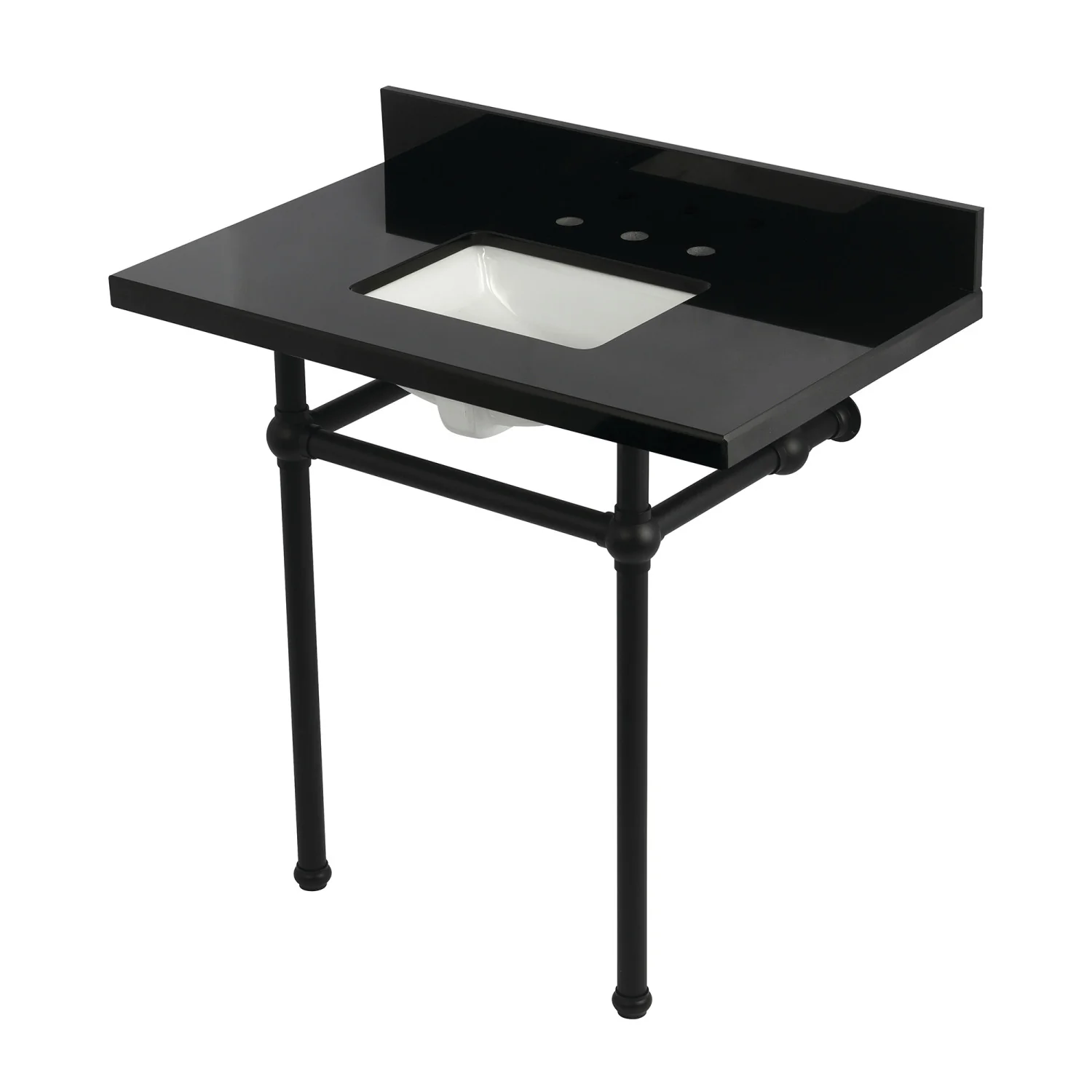 Kingston Heirloom KVPK36KBSQ0 - Templeton 36-Inch Black Granite Console Sink with Brass Legs (8-Inch, 3-Hole), Black Granite/Matte Black
