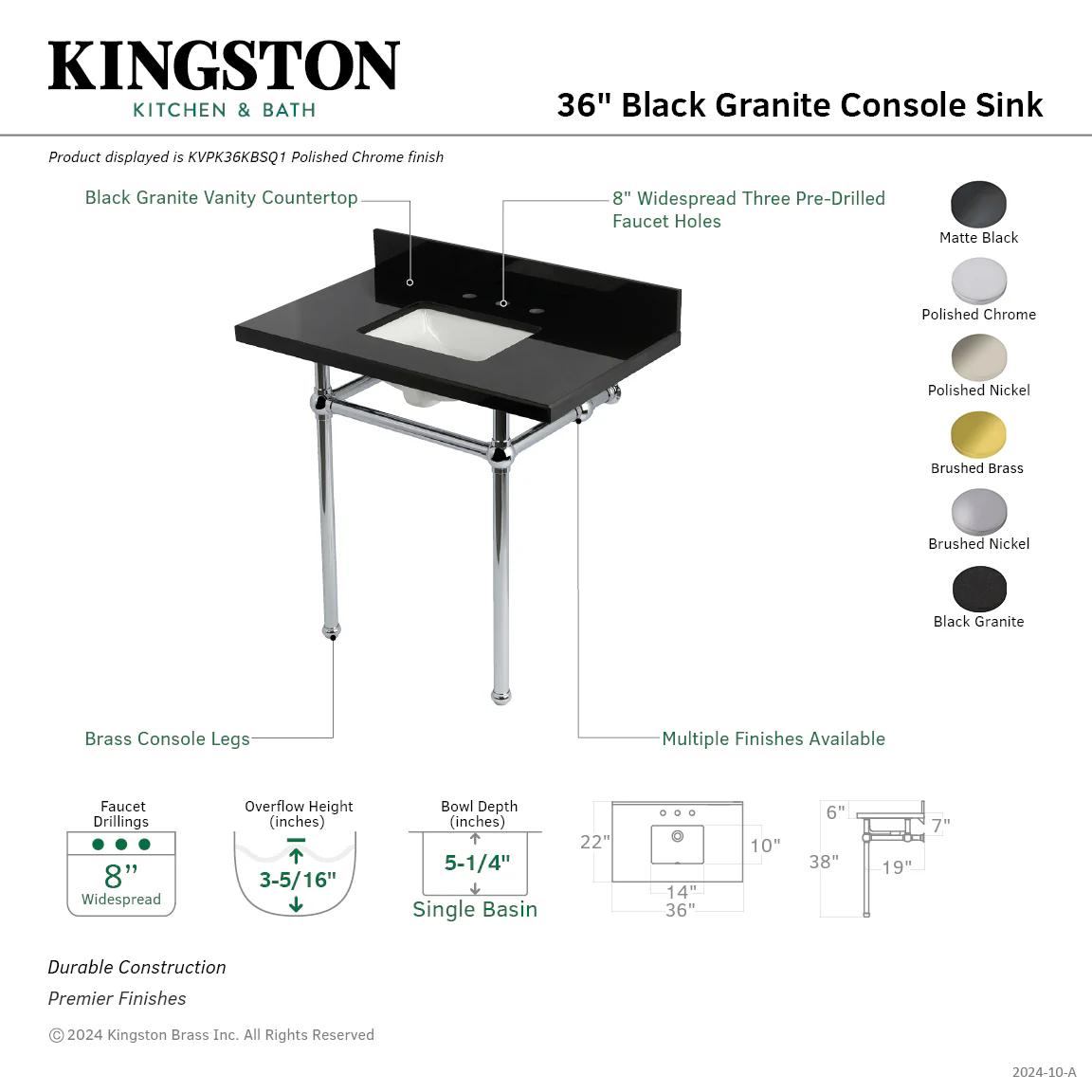 Kingston Heirloom KVPK36KBSQ0 - Templeton 36-Inch Black Granite Console Sink with Brass Legs (8-Inch, 3-Hole), Black Granite/Matte Black - Image 2