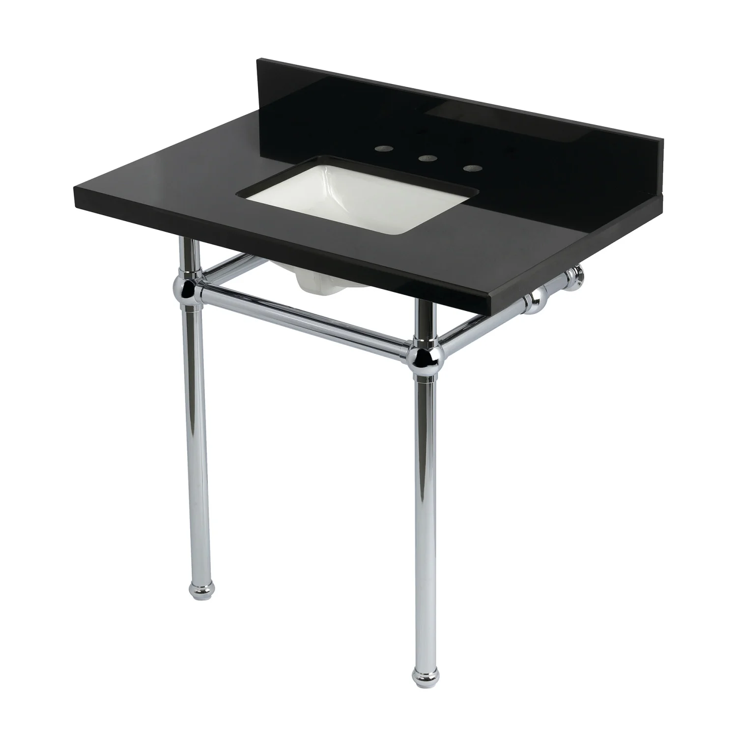 Kingston Heirloom KVPK36KBSQ1 - Templeton 36-Inch Black Granite Console Sink with Brass Legs (8-Inch, 3-Hole), Black Granite/Polished Chrome