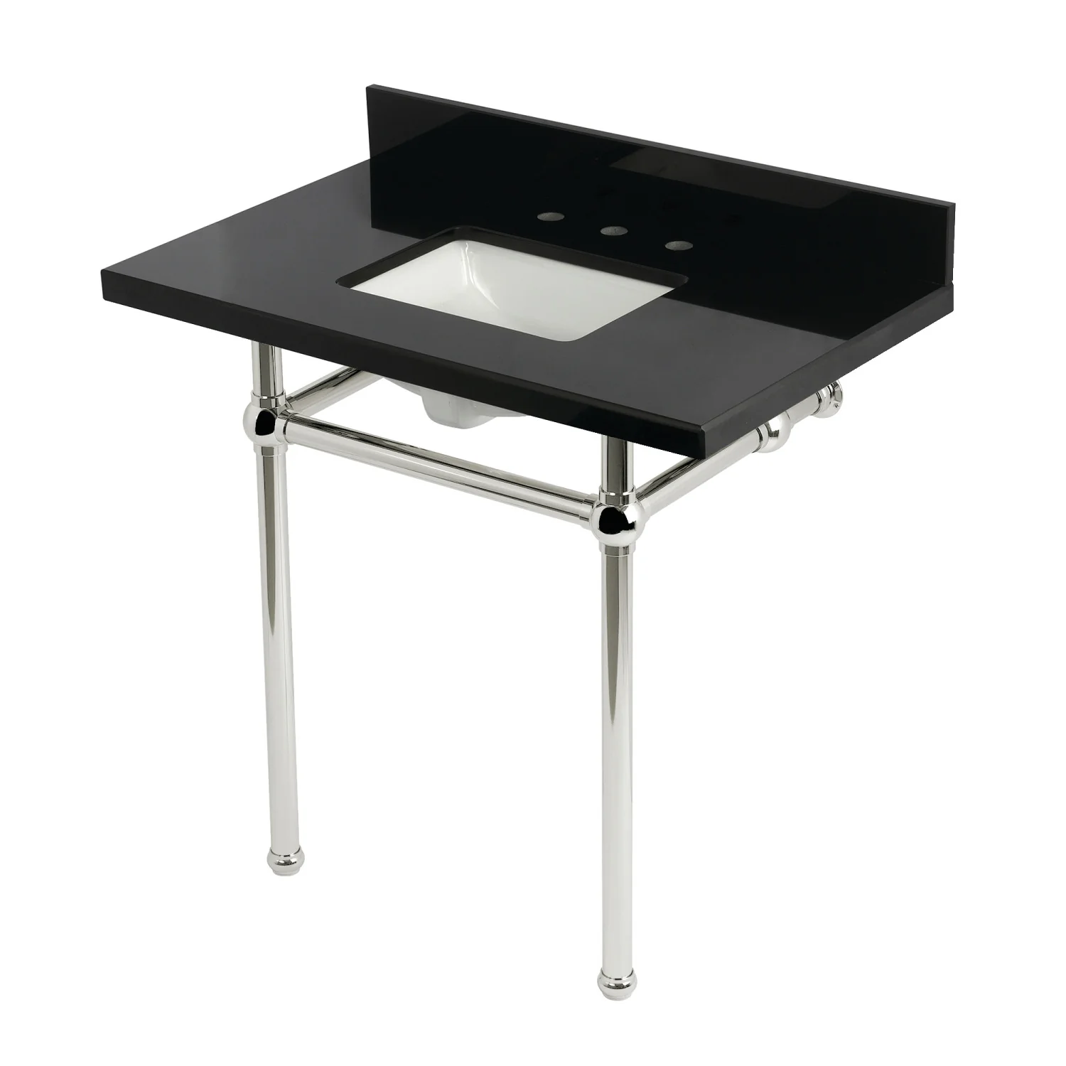 Kingston Heirloom KVPK36KBSQ6 - Templeton 36-Inch Black Granite Console Sink with Brass Legs (8-Inch, 3-Hole), Black Granite/Polished Nickel