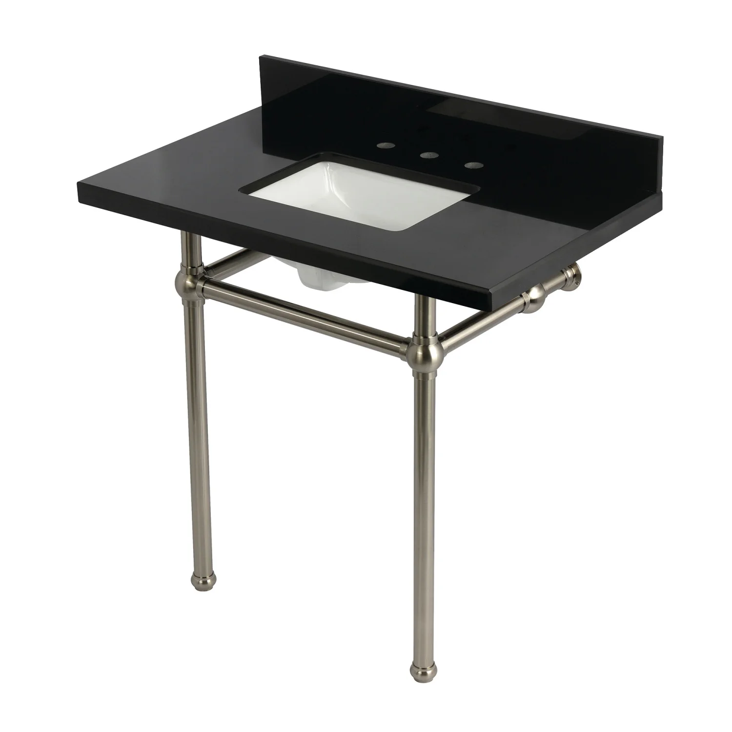 Kingston Heirloom KVPK36KBSQ8 - Templeton 36-Inch Black Granite Console Sink with Brass Legs (8-Inch, 3-Hole), Black Granite/Brushed Nickel