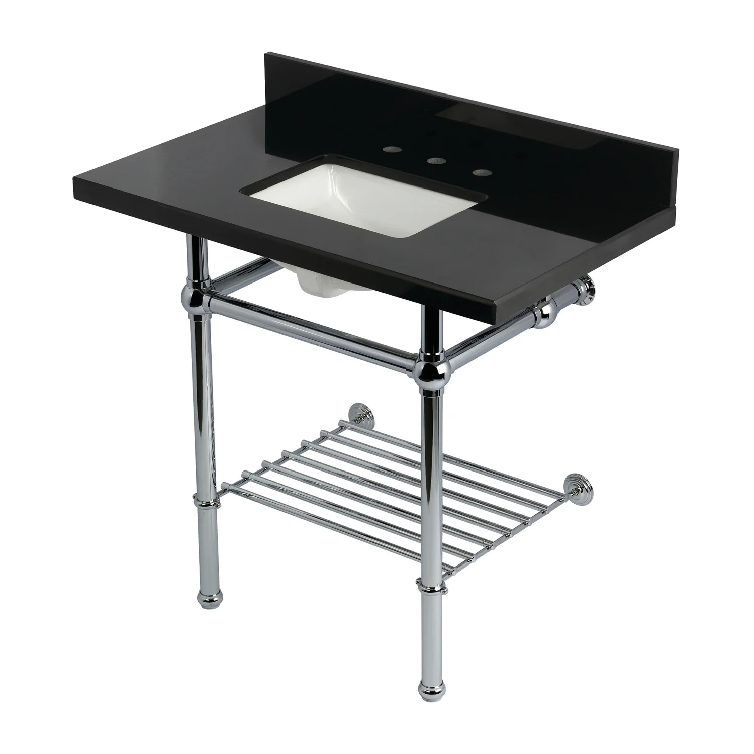 Kingston Heirloom KVPK36KBSQB1 - Templeton 36-Inch Black Granite Console Sink with Brass Legs and Shelf (8-Inch, 3-Hole), Black Granite/Polished Chrome