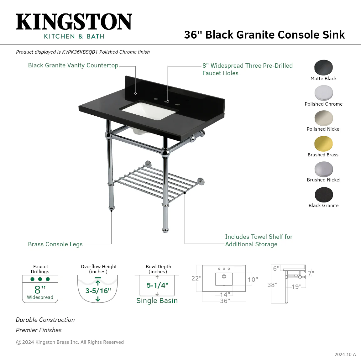 Kingston Heirloom KVPK36KBSQB1 - Templeton 36-Inch Black Granite Console Sink with Brass Legs and Shelf (8-Inch, 3-Hole), Black Granite/Polished Chrome - Image 2