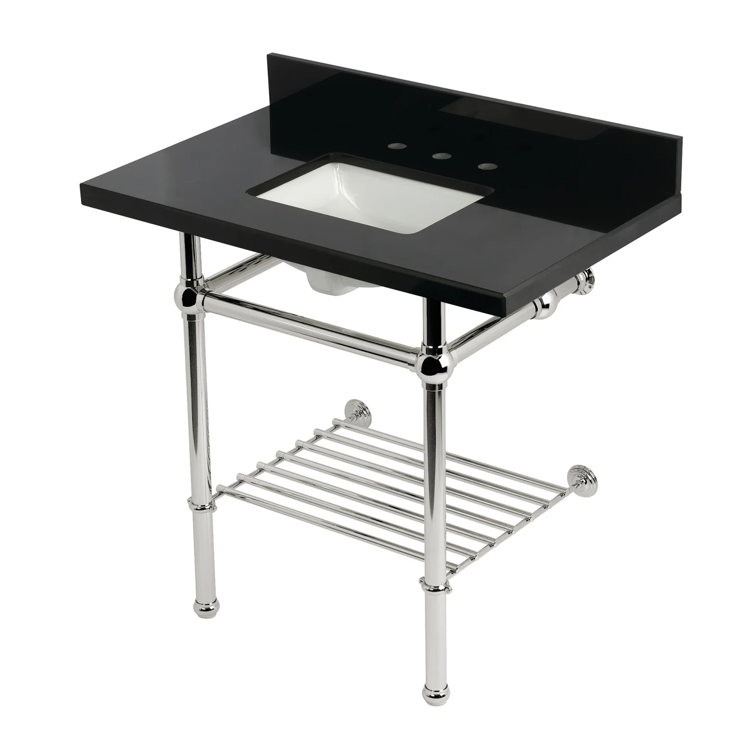 Kingston Heirloom KVPK36KBSQB6 - Templeton 36-Inch Black Granite Console Sink with Brass Legs and Shelf (8-Inch, 3-Hole), Black Granite/Polished Nickel