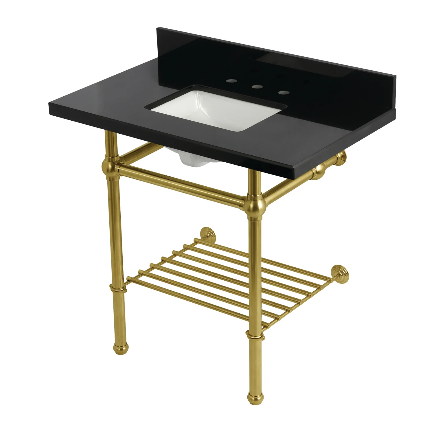 Kingston Heirloom KVPK36KBSQB7 - Templeton 36-Inch Black Granite Console Sink with Brass Legs and Shelf (8-Inch, 3-Hole), Black Granite/Brushed Brass