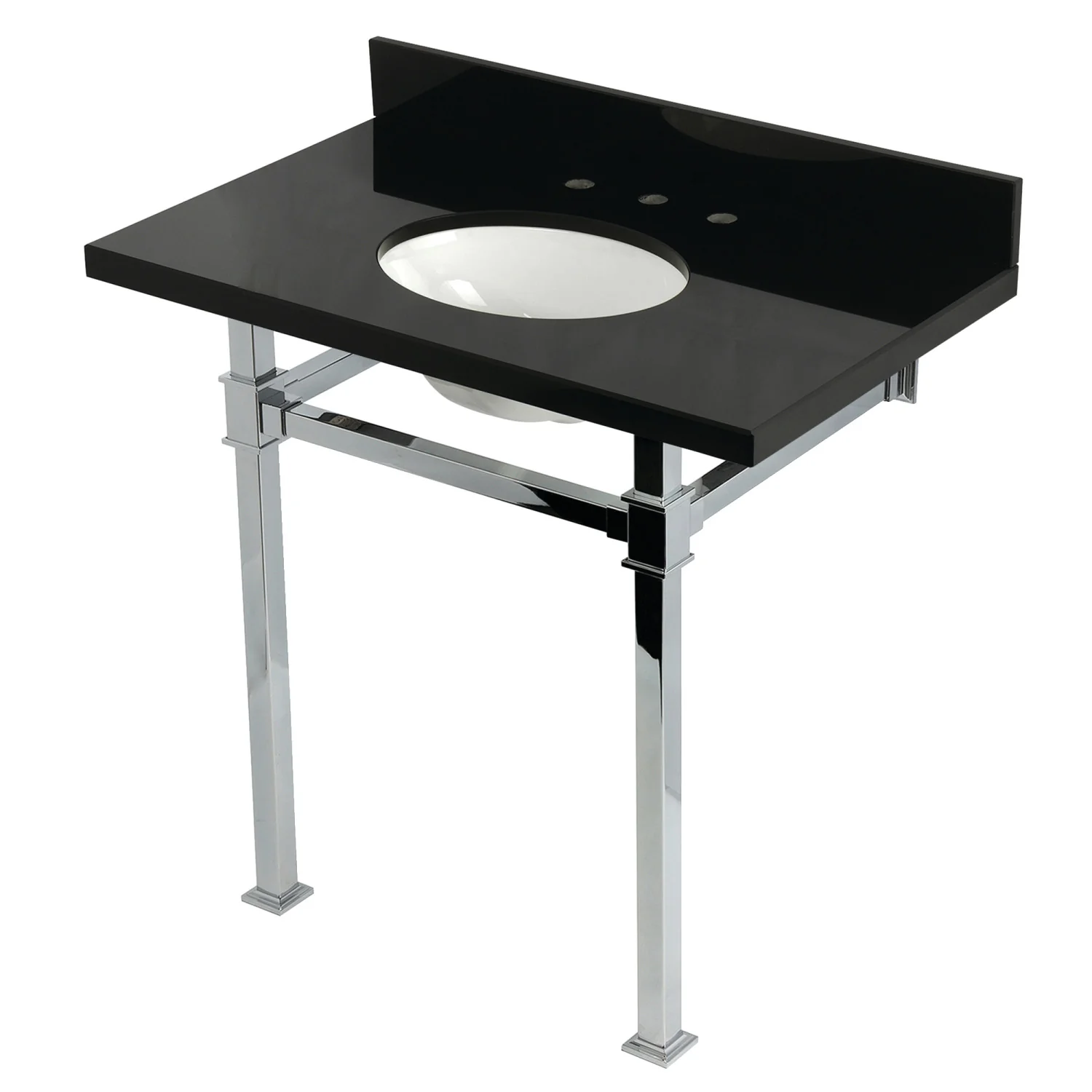 Kingston Sona KVPK36KOQ1 - Monarch 36-Inch Black Granite Console Sink with Stainless Steel Legs (8-Inch, 3-Hole), Black Granite/Polished Chrome