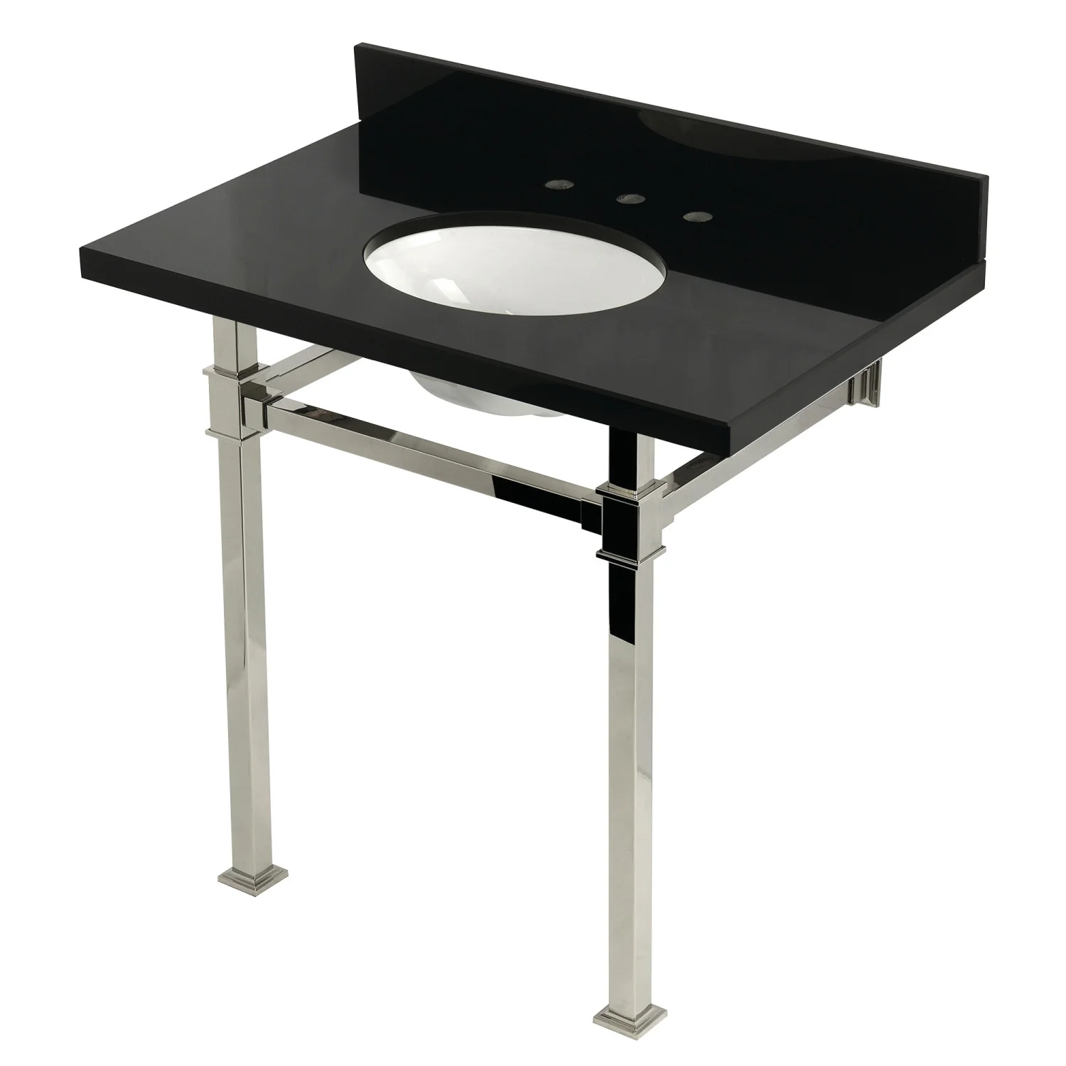 Kingston Sona KVPK36KOQ6 - Monarch 36-Inch Black Granite Console Sink with Stainless Steel Legs (8-Inch, 3-Hole), Black Granite/Polished Nickel