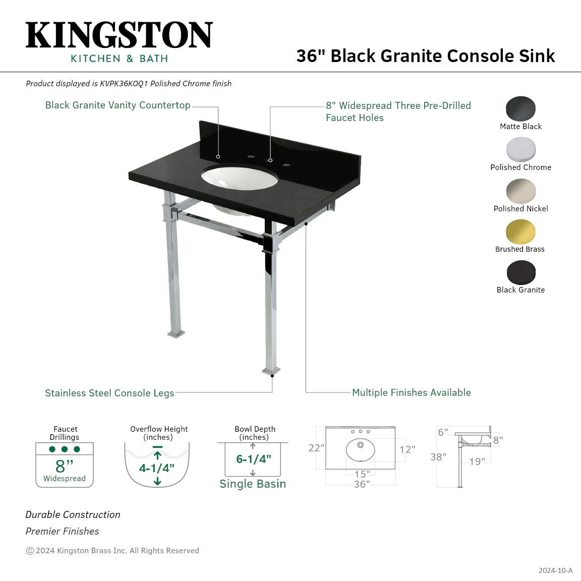 Kingston Sona KVPK36KOQ6 - Monarch 36-Inch Black Granite Console Sink with Stainless Steel Legs (8-Inch, 3-Hole), Black Granite/Polished Nickel - Image 2