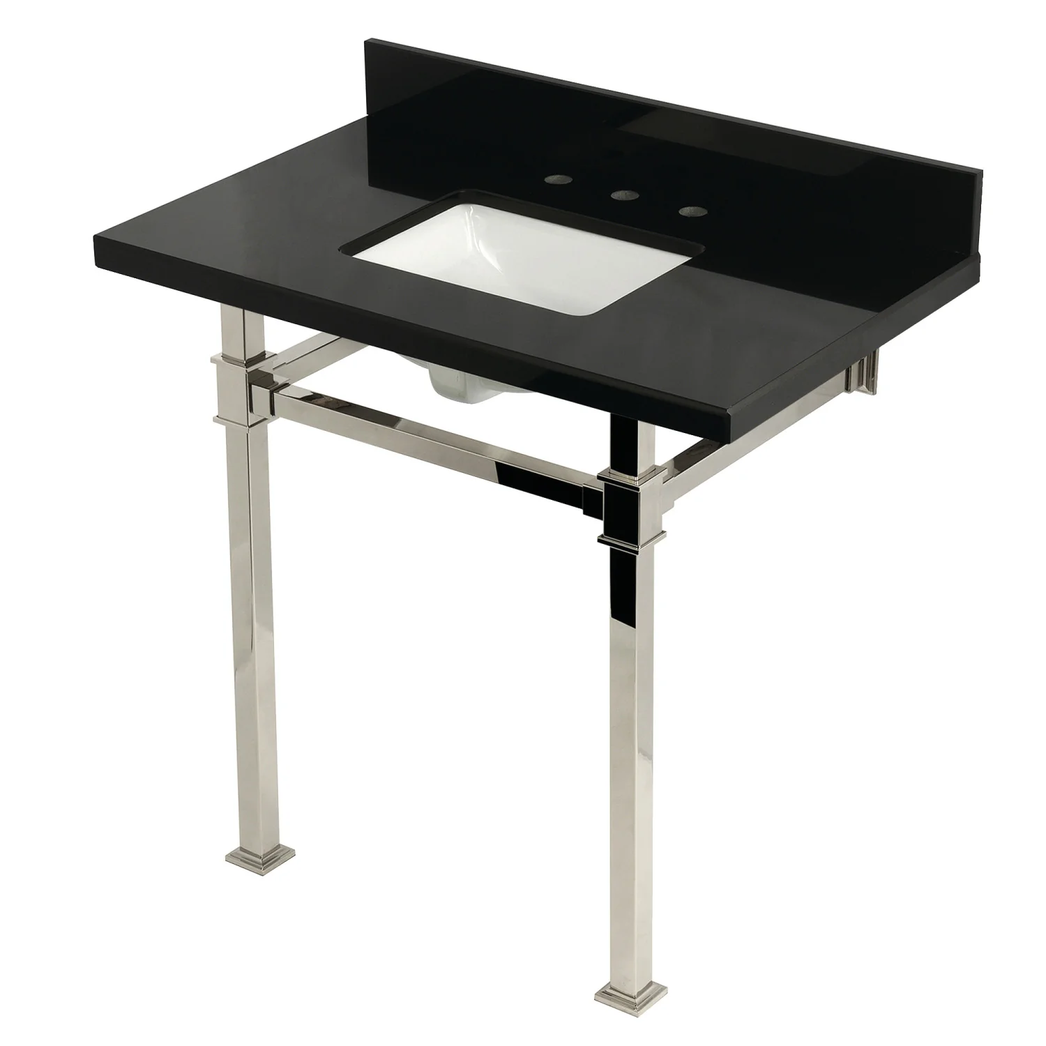 Kingston Sona KVPK36KSQ6 - Monarch 36-Inch Black Granite Console Sink with Stainless Steel Legs (8-Inch, 3-Hole), Black Granite/Polished Nickel