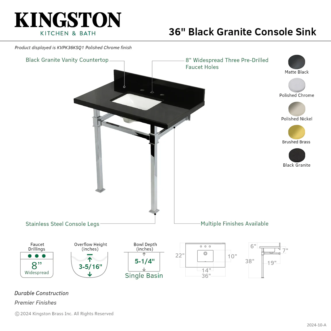 Kingston Sona KVPK36KSQ6 - Monarch 36-Inch Black Granite Console Sink with Stainless Steel Legs (8-Inch, 3-Hole), Black Granite/Polished Nickel - Image 2