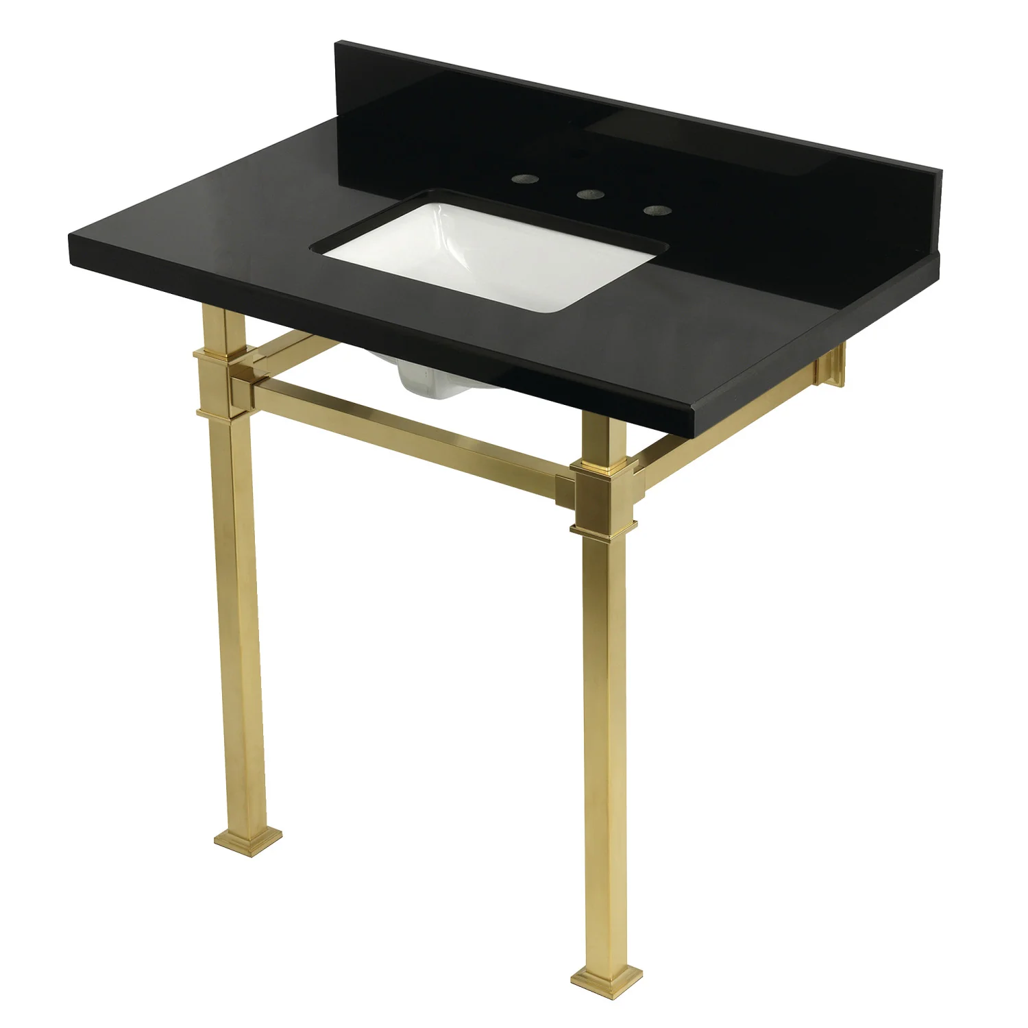 Kingston Sona KVPK36KSQ7 - Monarch 36-Inch Black Granite Console Sink with Stainless Steel Legs (8-Inch, 3-Hole), Black Granite/Brushed Brass