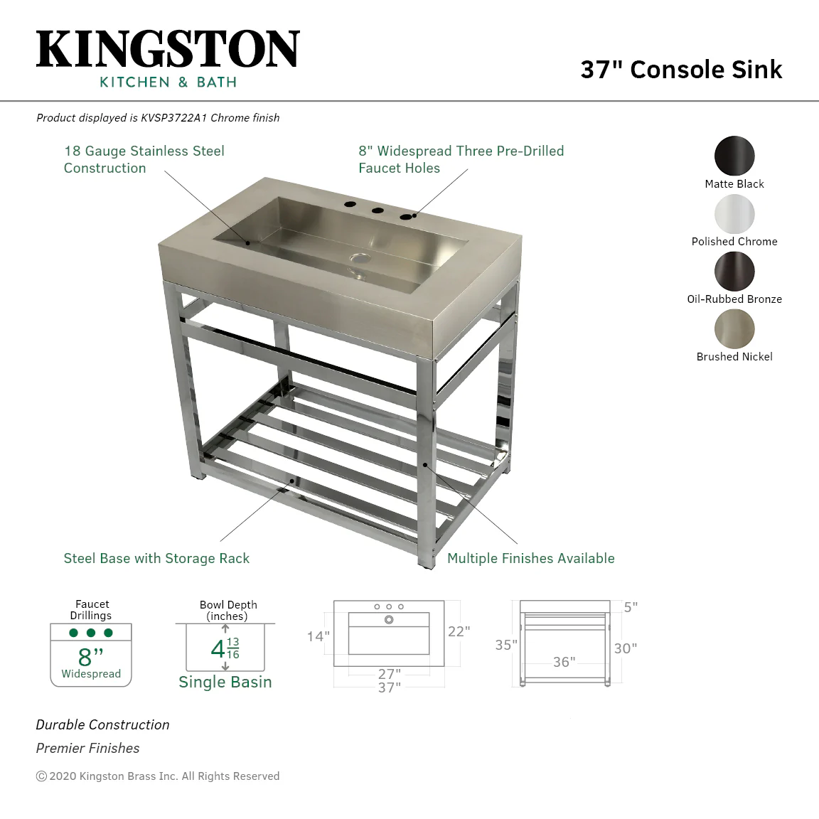 Kingston Kingston Commercial KVSP3722A1 37-Inch Stainless Steel Console Sink with Steel Base and Glass Shelf (8-Inch, 3-Hole), Brushed Stainless Steel/Polished Chrome - Image 3