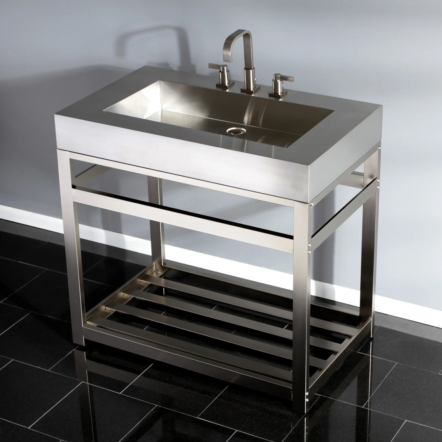Kingston Kingston Commercial KVSP3722A8 37-Inch Stainless Steel Console Sink with Steel Base and Glass Shelf (8-Inch, 3-Hole), Brushed Stainless Steel/Brushed Nickel