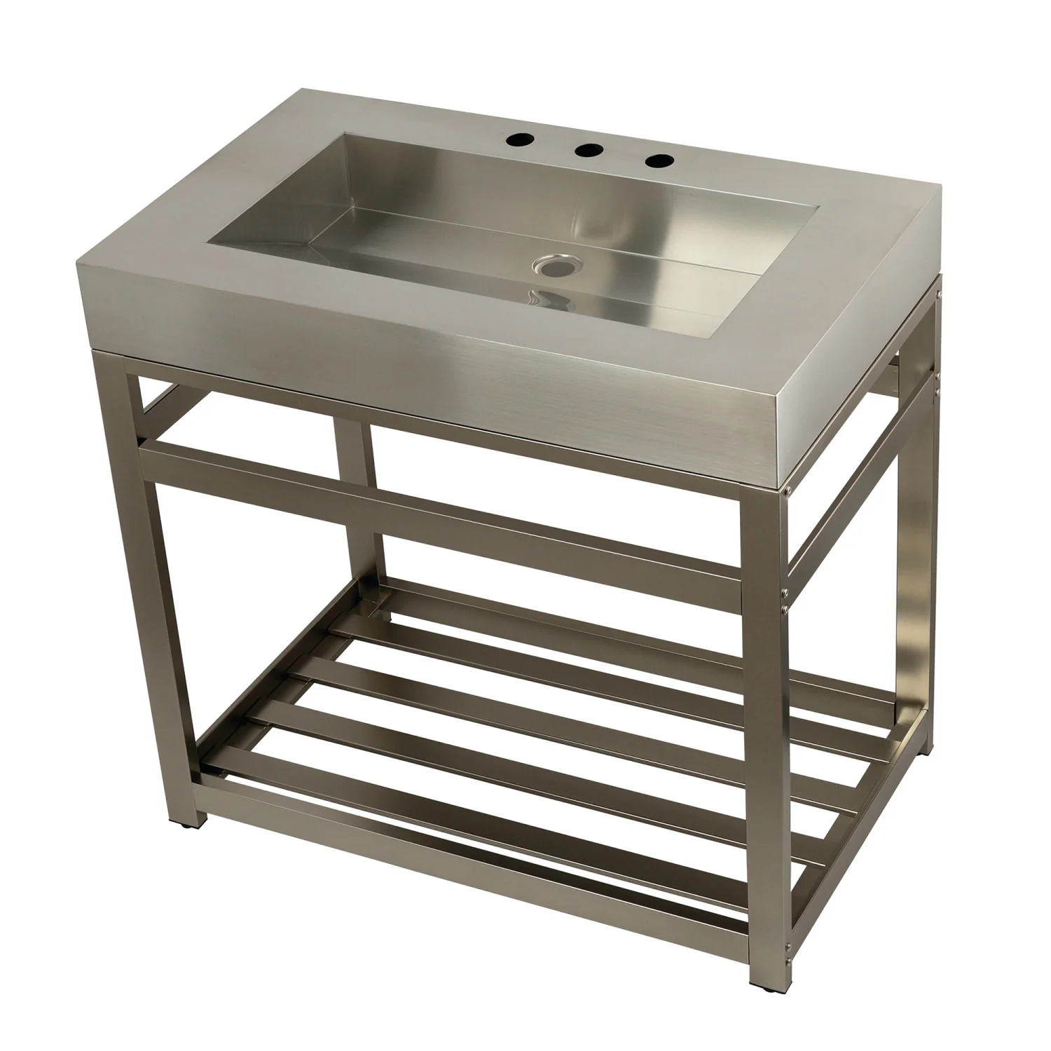 Kingston Kingston Commercial KVSP3722A8 37-Inch Stainless Steel Console Sink with Steel Base and Glass Shelf (8-Inch, 3-Hole), Brushed Stainless Steel/Brushed Nickel - Image 2