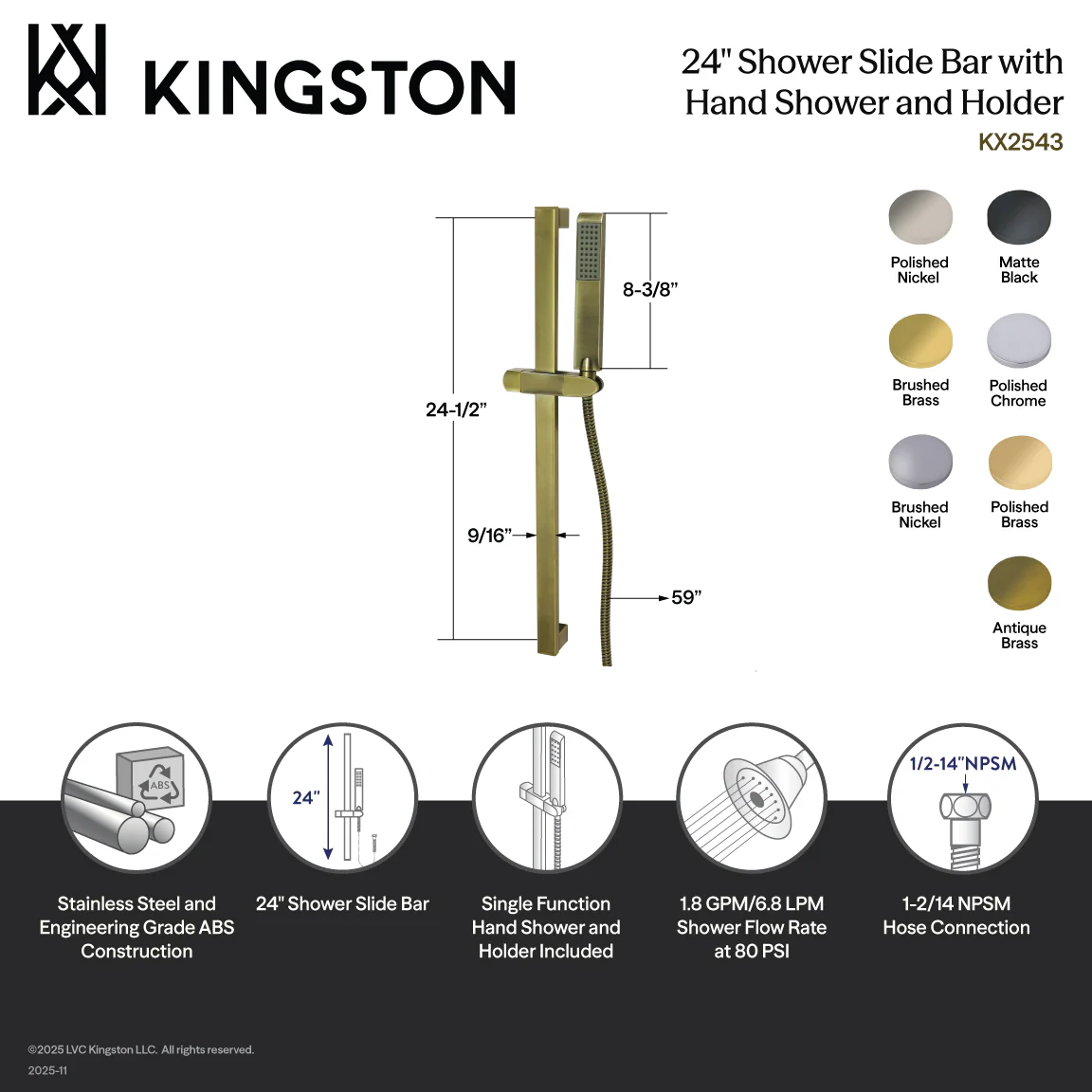 Kingston Sona KX2548 - Vilbosch 24-Inch Stainless Steel Shower Slide Bar with Hand Shower and Holder, Brushed Nickel - Image 2