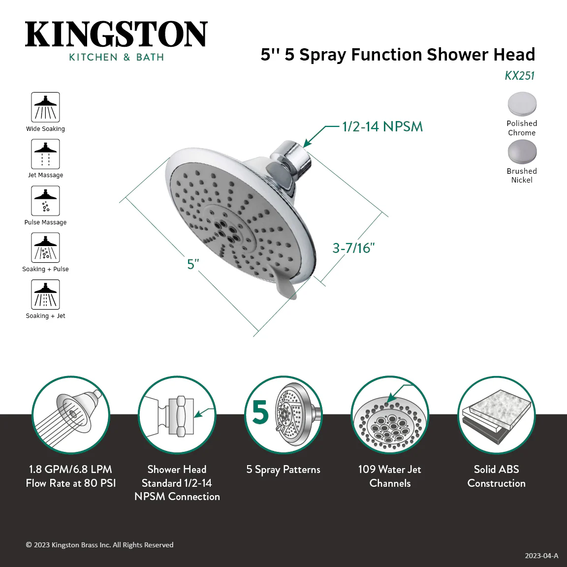 Kingston Tulare KX258 - Shower Scape 5-Inch Round 5-Function ABS Shower Head, Brushed Nickel - Image 3