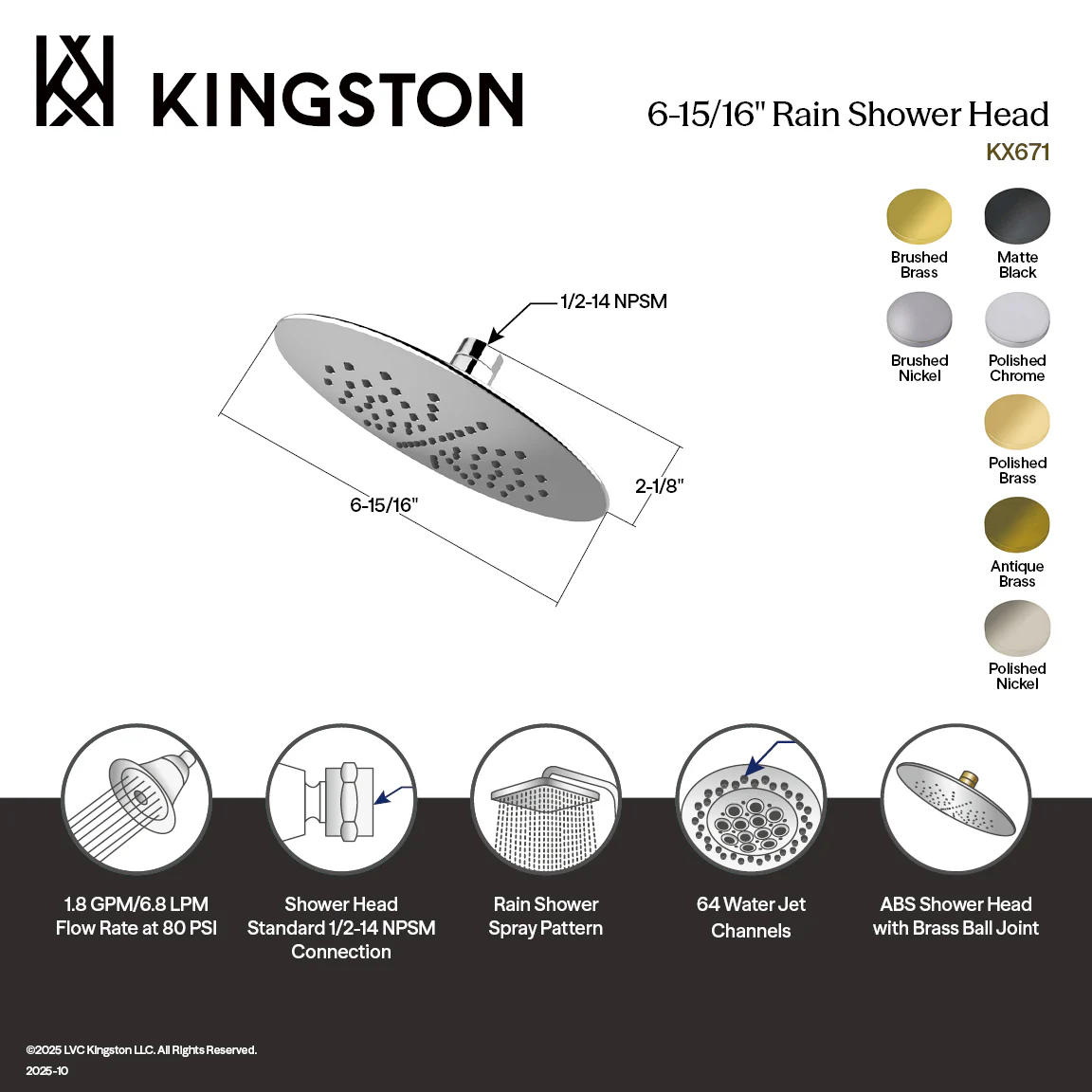 Kingston Sona KX672 - Shower Scape 7-Inch Round Raindrop ABS Shower Head, Polished Brass - Image 2