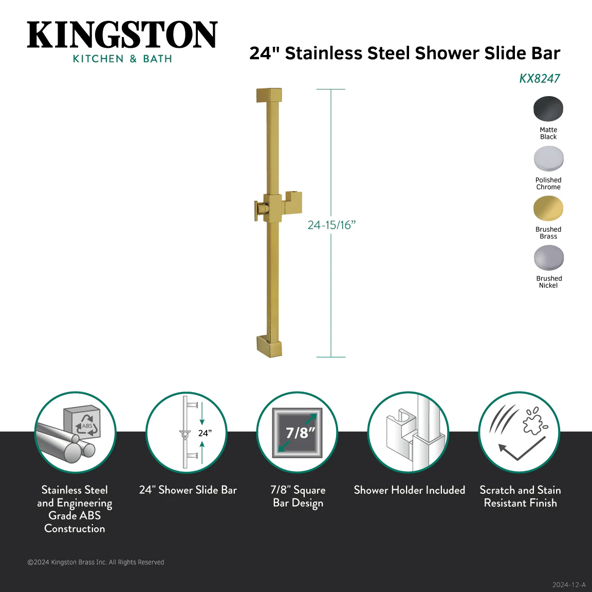Kingston Sona KX8247 - Claremont 24-Inch Stainless Steel Shower Slide Bar, Brushed Brass - Image 2