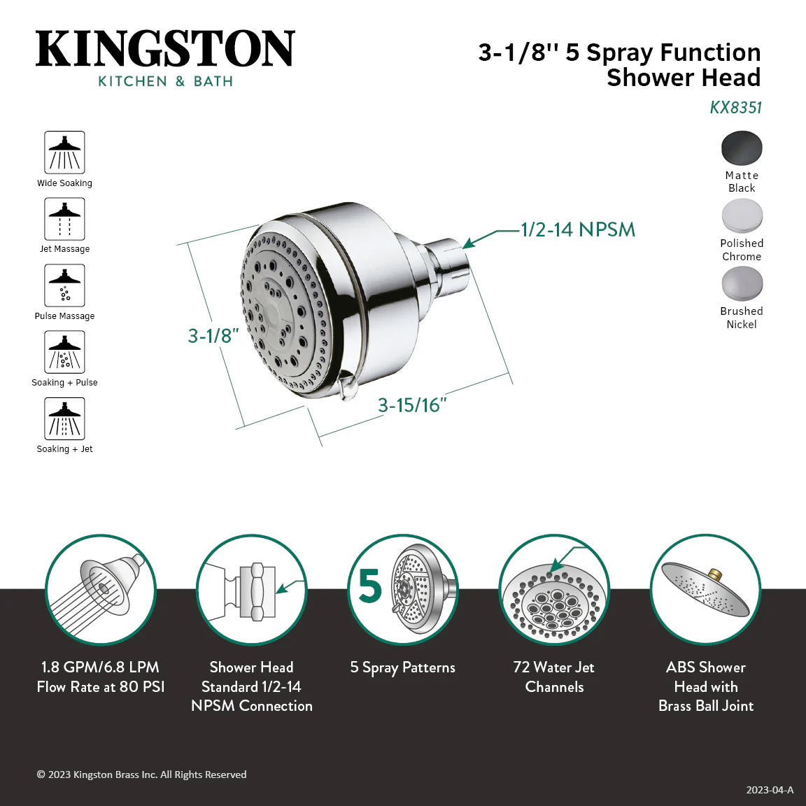 Kingston Tulare KX8358 - Vilbosch 3-1/8 Inch Round 5-Function ABS Shower Head, Brushed Nickel - Image 2