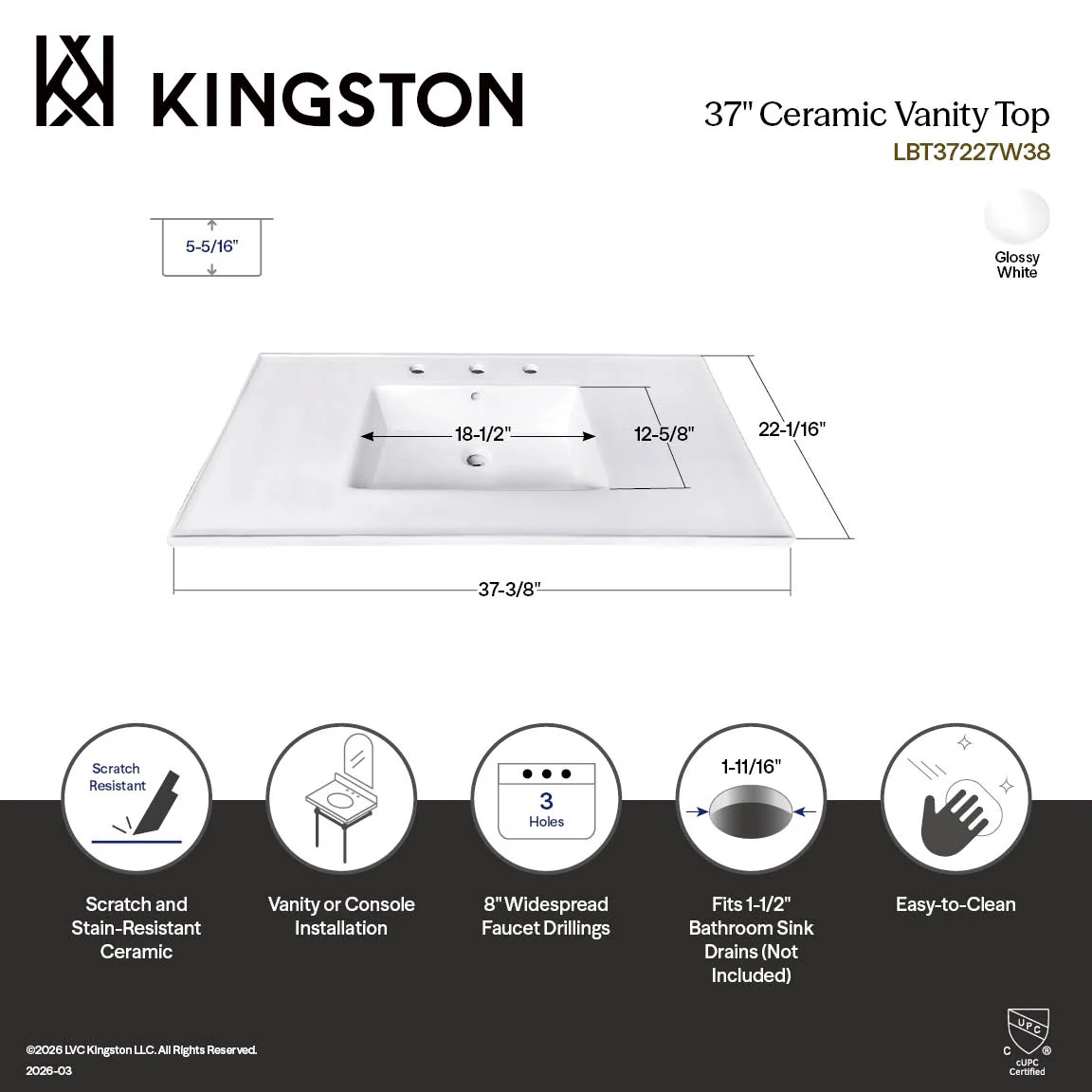 Kingston Tulare LBT37227W38 - Continental 37-Inch Ceramic Vanity Sink Top (8" Faucet Drillings), White - Image 11