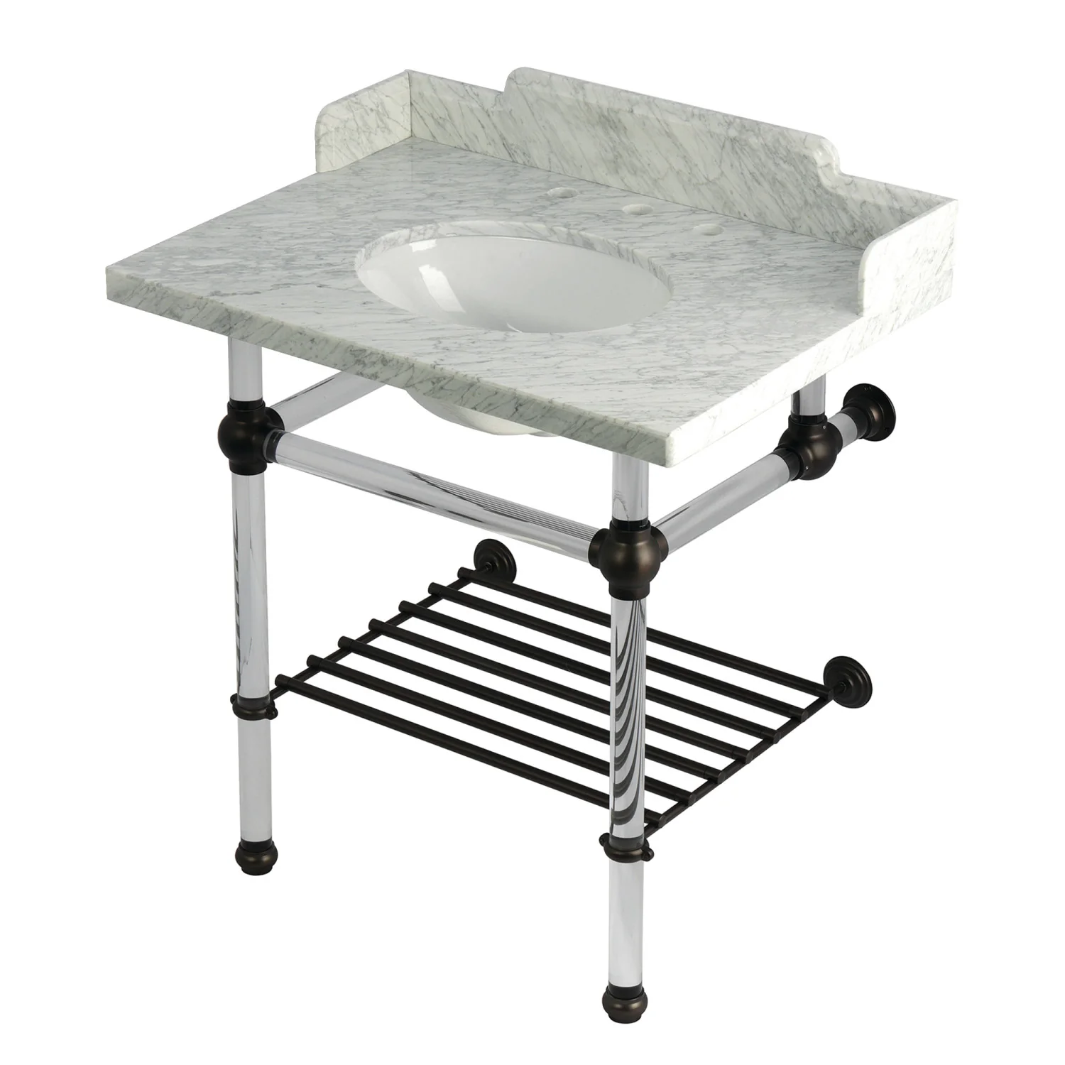 Kingston Tulare LMS3030MAB5 - Pemberton 30-Inch Carrara Marble Console Sink with Acrylic Legs and Shelf (8-Inch, 3-Hole), Carrara Marble White/Oil Rubbed Bronze