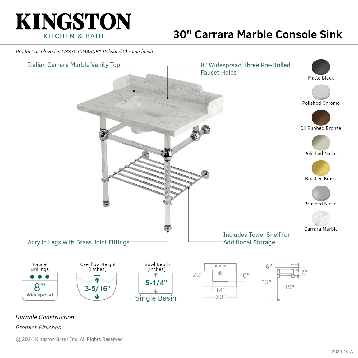 Kingston Tulare LMS3030MASQB5 - Pemberton 30-Inch Carrara Marble Console Sink with Acrylic Legs and Shelf (8-Inch, 3-Hole), Carrara Marble White/Oil Rubbed Bronze - Image 2
