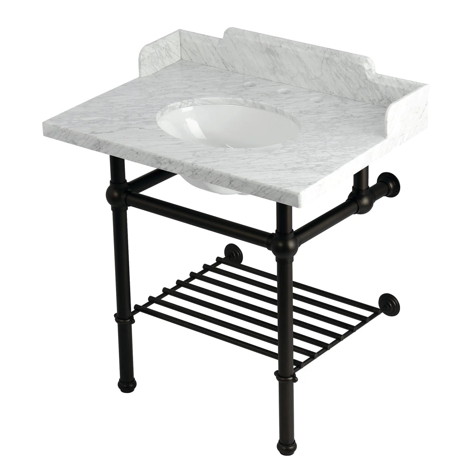 Kingston Heirloom LMS3030MBB5 - Pemberton 30-Inch Carrara Marble Console Sink with Brass Legs and Shelf (8-Inch, 3-Hole), Carrara Marble White/Oil Rubbed Bronze
