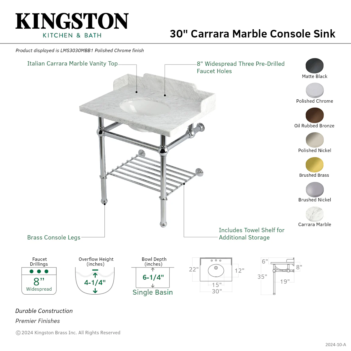 Kingston Heirloom LMS3030MBB5 - Pemberton 30-Inch Carrara Marble Console Sink with Brass Legs and Shelf (8-Inch, 3-Hole), Carrara Marble White/Oil Rubbed Bronze - Image 2