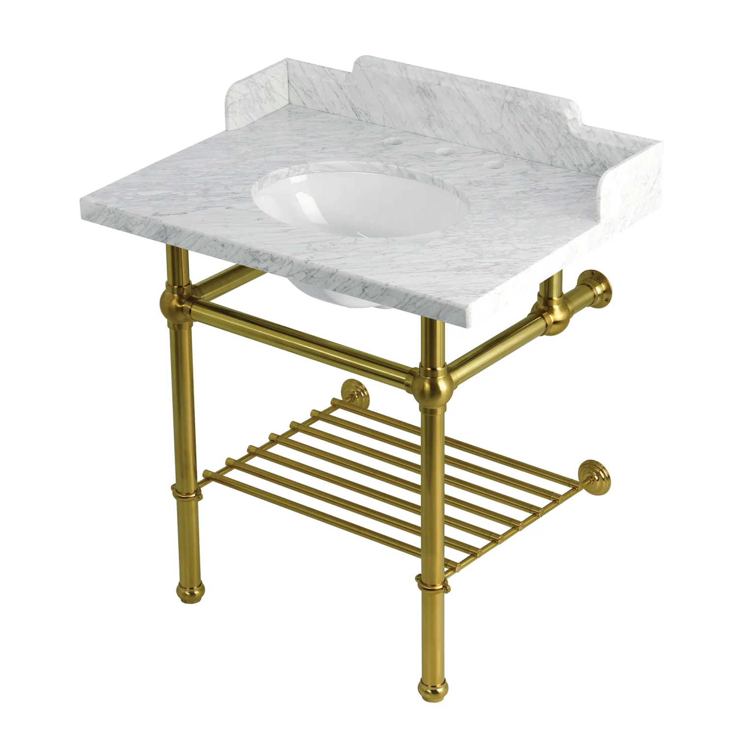Kingston Heirloom LMS3030MBB7 - Pemberton 30-Inch Carrara Marble Console Sink with Brass Legs and Shelf (8-Inch, 3-Hole), Carrara Marble White/Brushed Brass