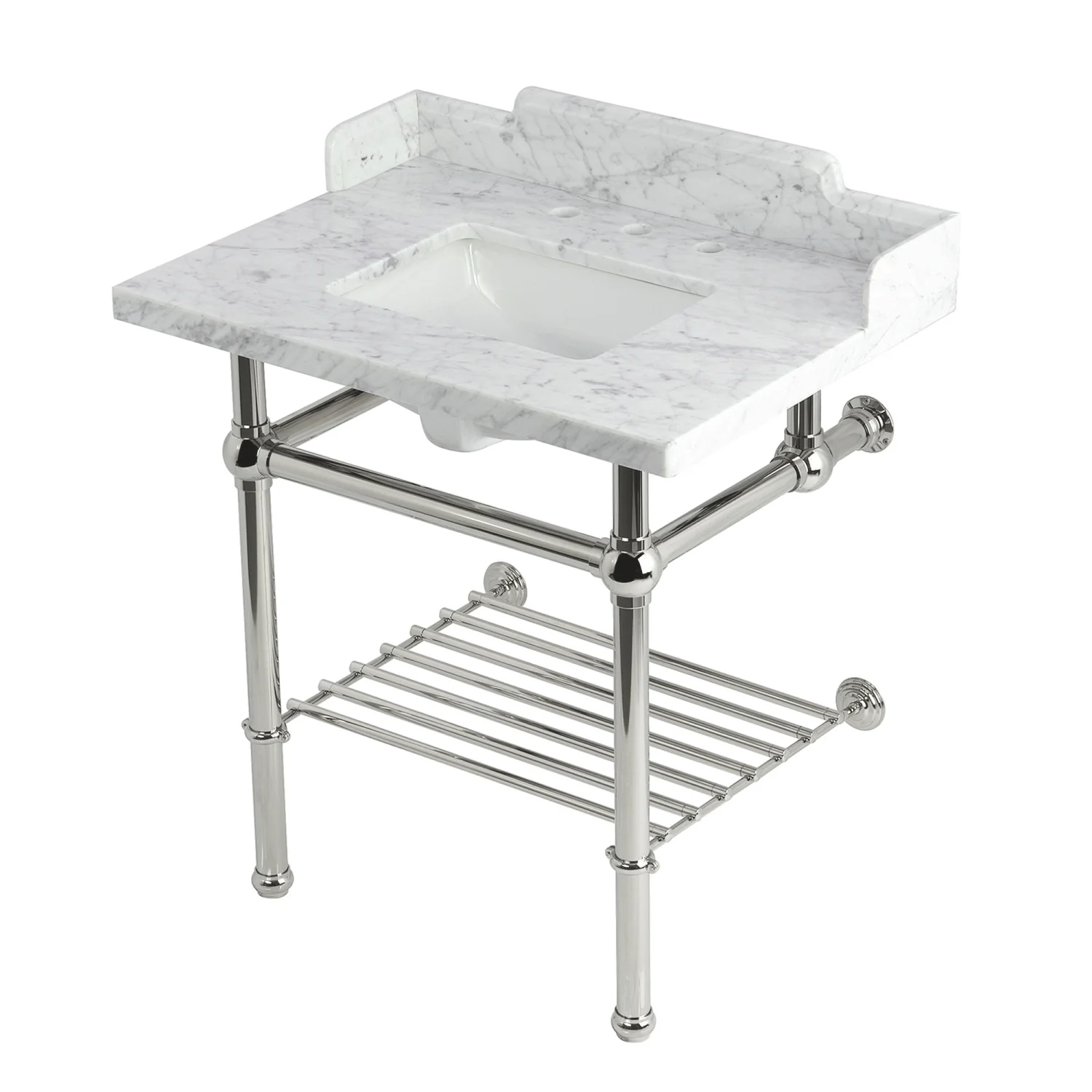 Kingston Heirloom LMS3030MBSQB6 - Pemberton 30-Inch Carrara Marble Console Sink with Brass Legs and Shelf (8-Inch, 3-Hole), Carrara Marble White/Polished Nickel